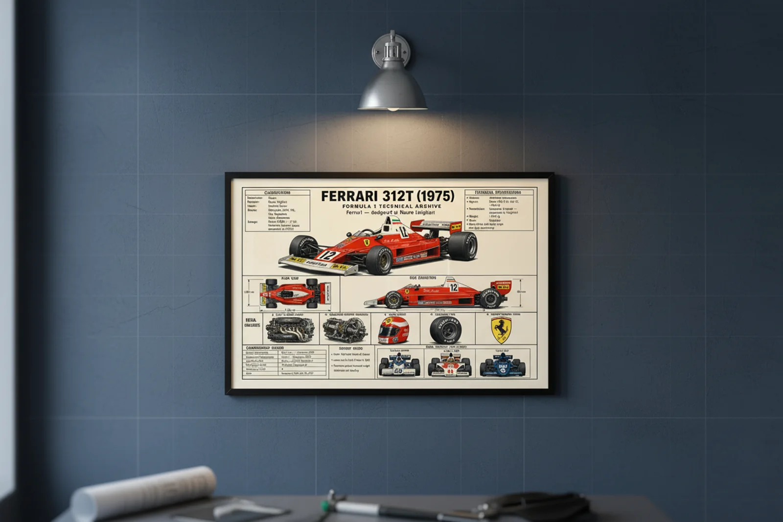 312T F1 Technical Archive print in black A2 frame on rosso-corsa blueprint-indigo wall — engineering studio mockup