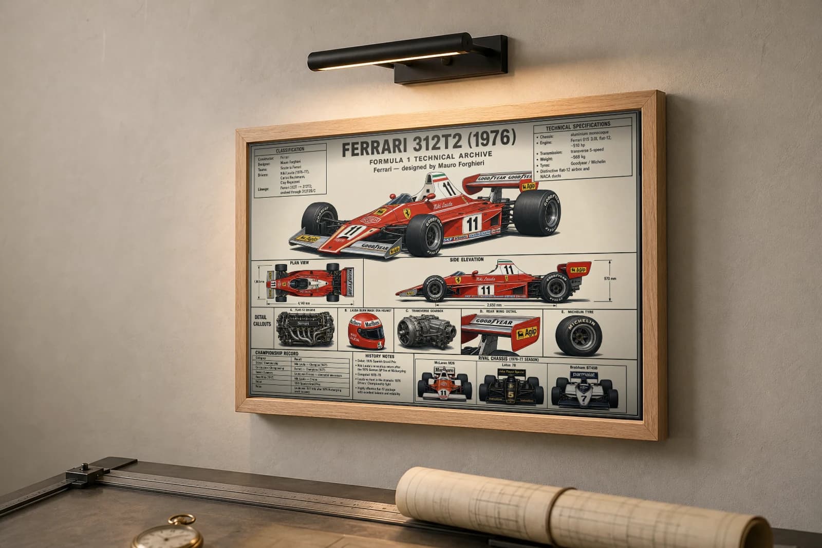 FERRARI 312T2 Poster — 1976 F1 Technical Archive Blueprint Wall Art · framed A2 — the framed print shown at a three-quarter angle on a styled gallery wall in a natural-oak frame