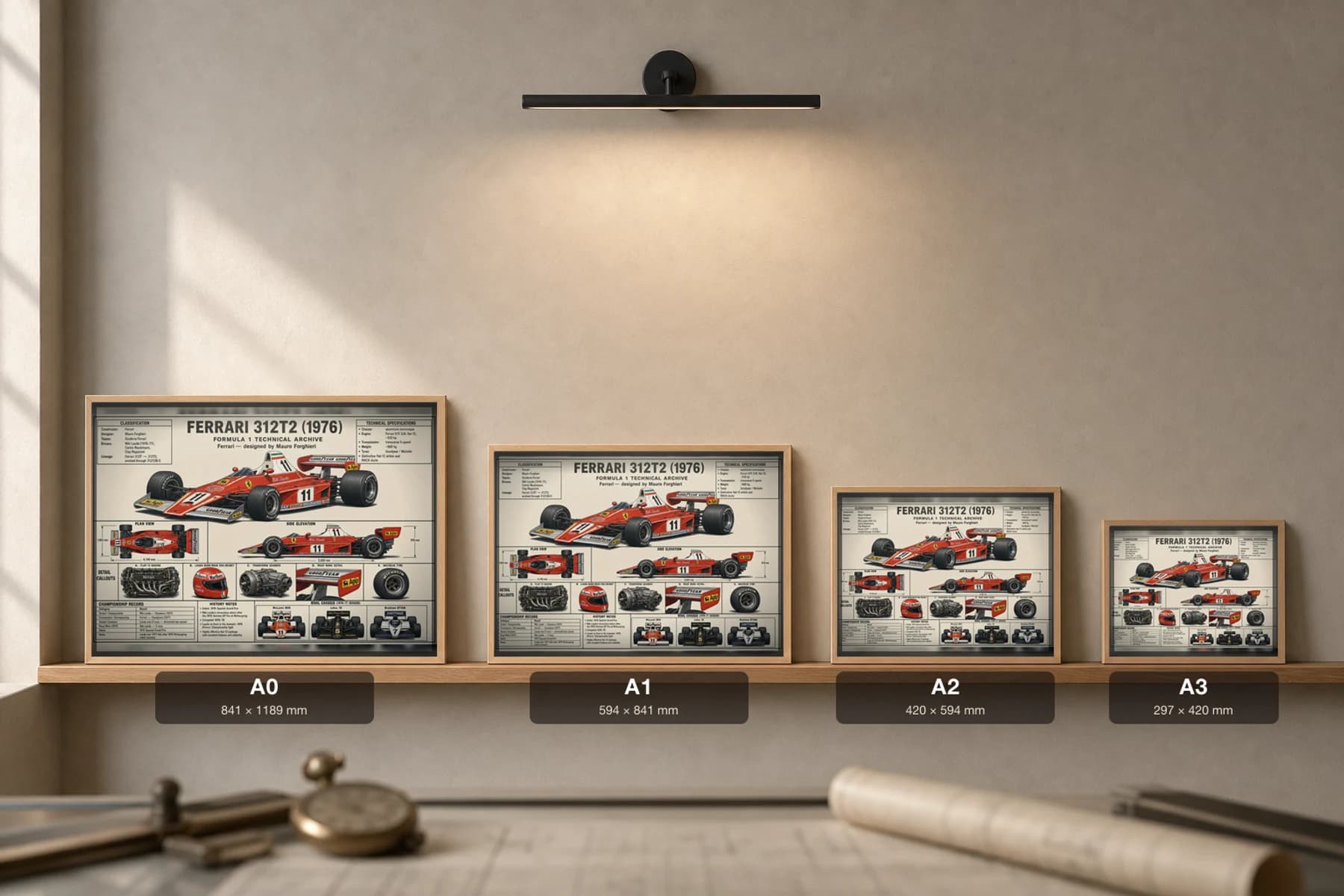 FERRARI 312T2 Poster — 1976 F1 Technical Archive Blueprint Wall Art · framed A2 — print size guide showing the artwork at A0, A1, A2 and A3 in natural-oak frames at true relative scale