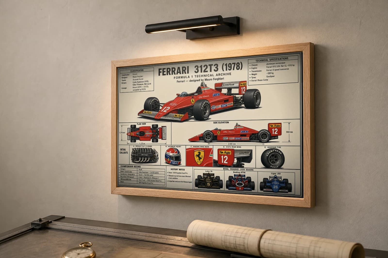 FERRARI 312T3 Poster — 1978 F1 Technical Archive Blueprint Wall Art · framed A2 — the framed print shown at a three-quarter angle on a styled gallery wall in a natural-oak frame