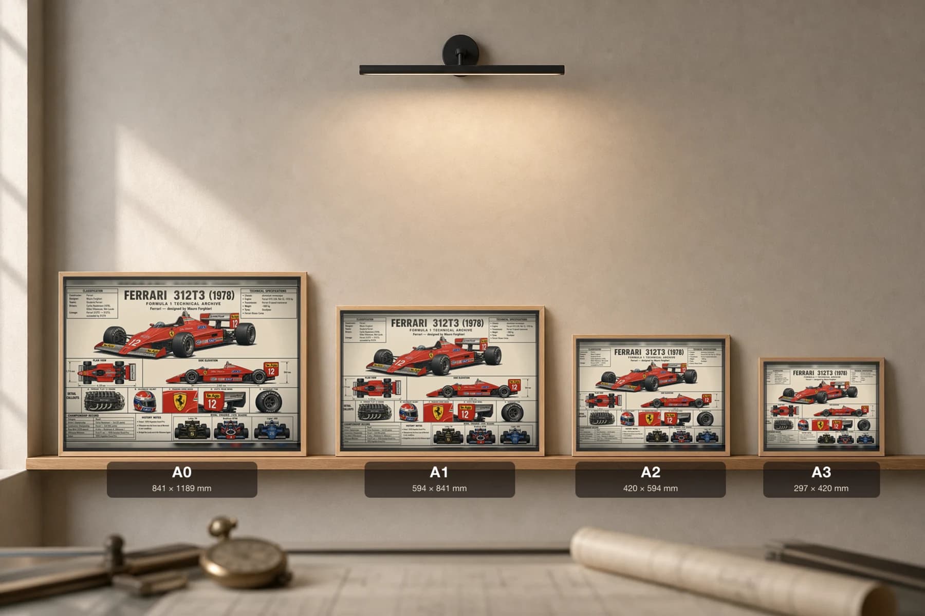 FERRARI 312T3 Poster — 1978 F1 Technical Archive Blueprint Wall Art · framed A2 — print size guide showing the artwork at A0, A1, A2 and A3 in natural-oak frames at true relative scale