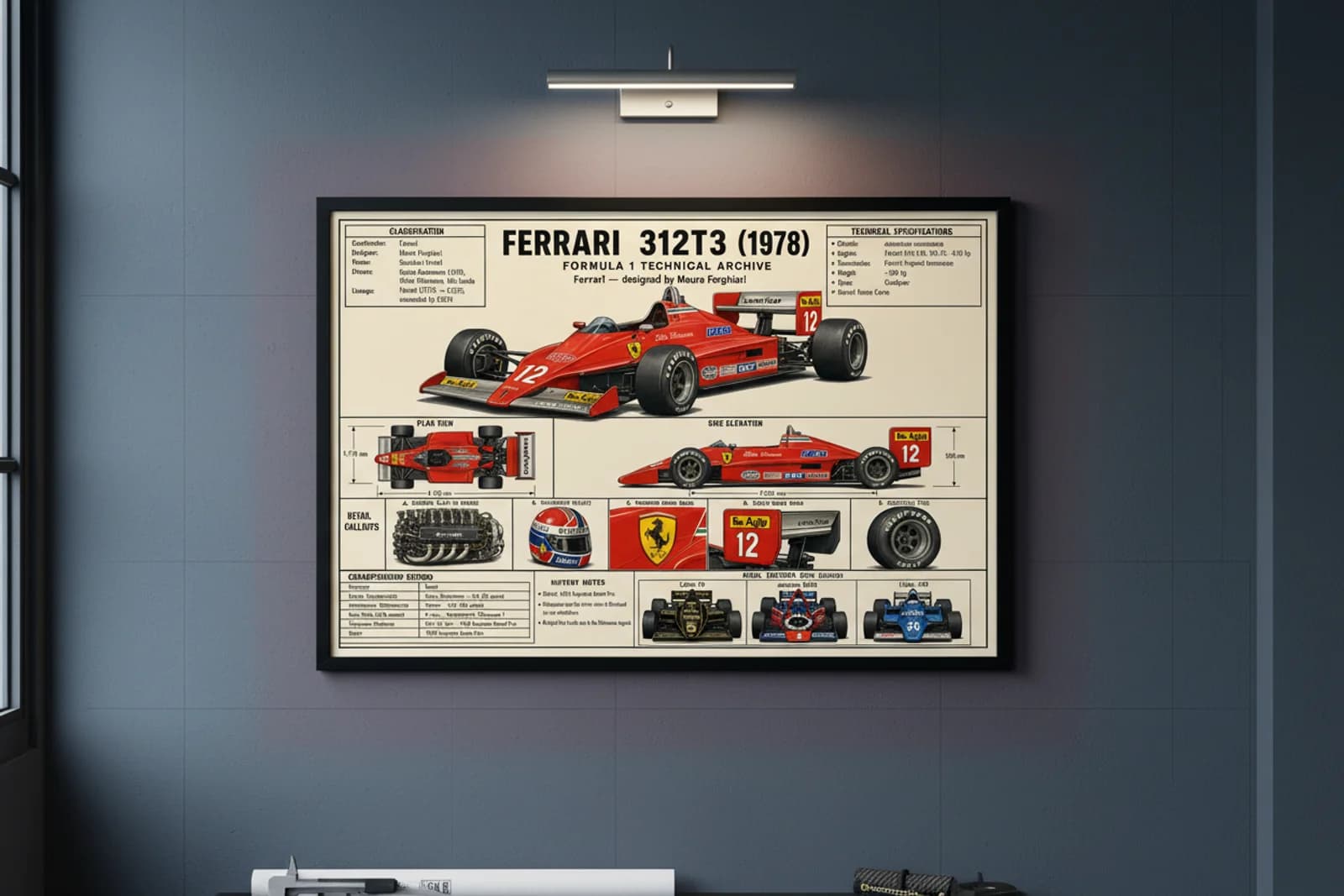 312T3 F1 Technical Archive print in black A2 frame on rosso-corsa blueprint-indigo wall — engineering studio mockup