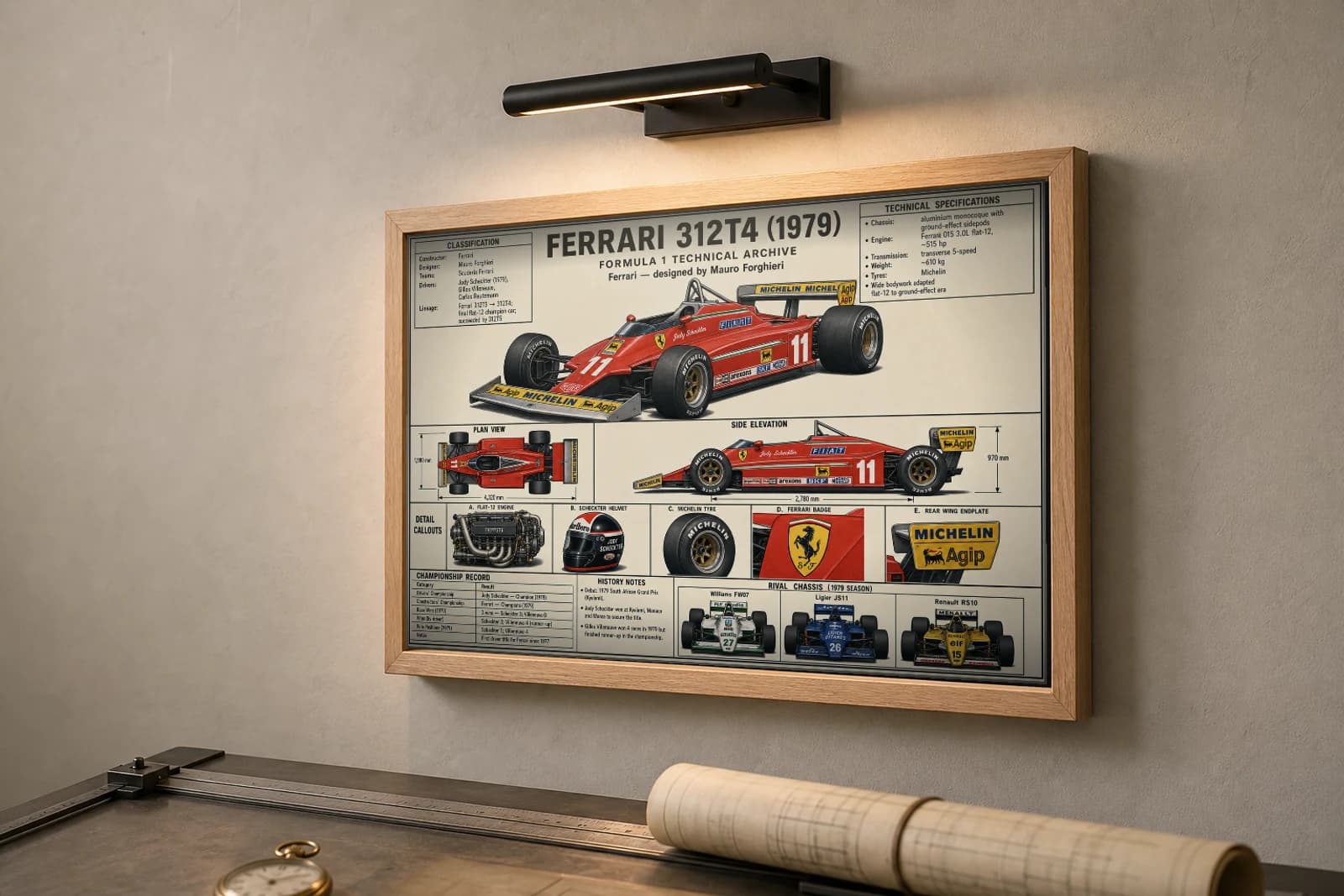 FERRARI 312T4 Poster — 1979 F1 Technical Archive Blueprint Wall Art · framed A2 — the framed print shown at a three-quarter angle on a styled gallery wall in a natural-oak frame