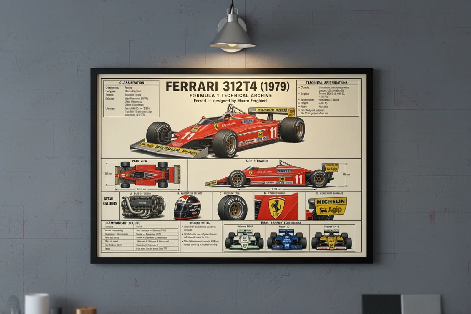 312T4 F1 Technical Archive print in black A2 frame on rosso-corsa blueprint-indigo wall — engineering studio mockup