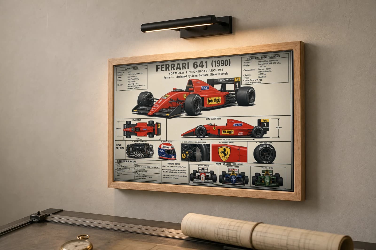 FERRARI 641 Poster — 1990 F1 Technical Archive Blueprint Wall Art · framed A2 — the framed print shown at a three-quarter angle on a styled gallery wall in a natural-oak frame