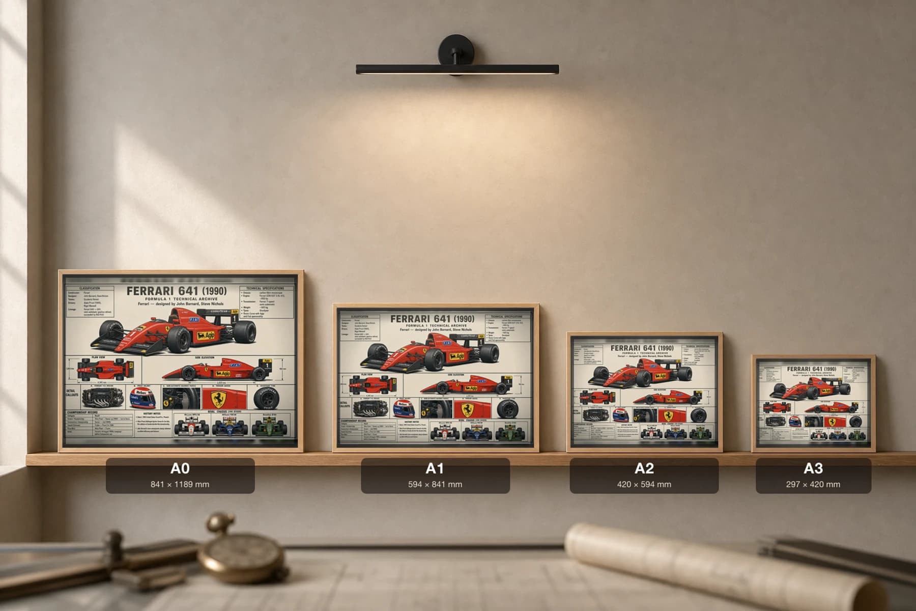 FERRARI 641 Poster — 1990 F1 Technical Archive Blueprint Wall Art · framed A2 — print size guide showing the artwork at A0, A1, A2 and A3 in natural-oak frames at true relative scale