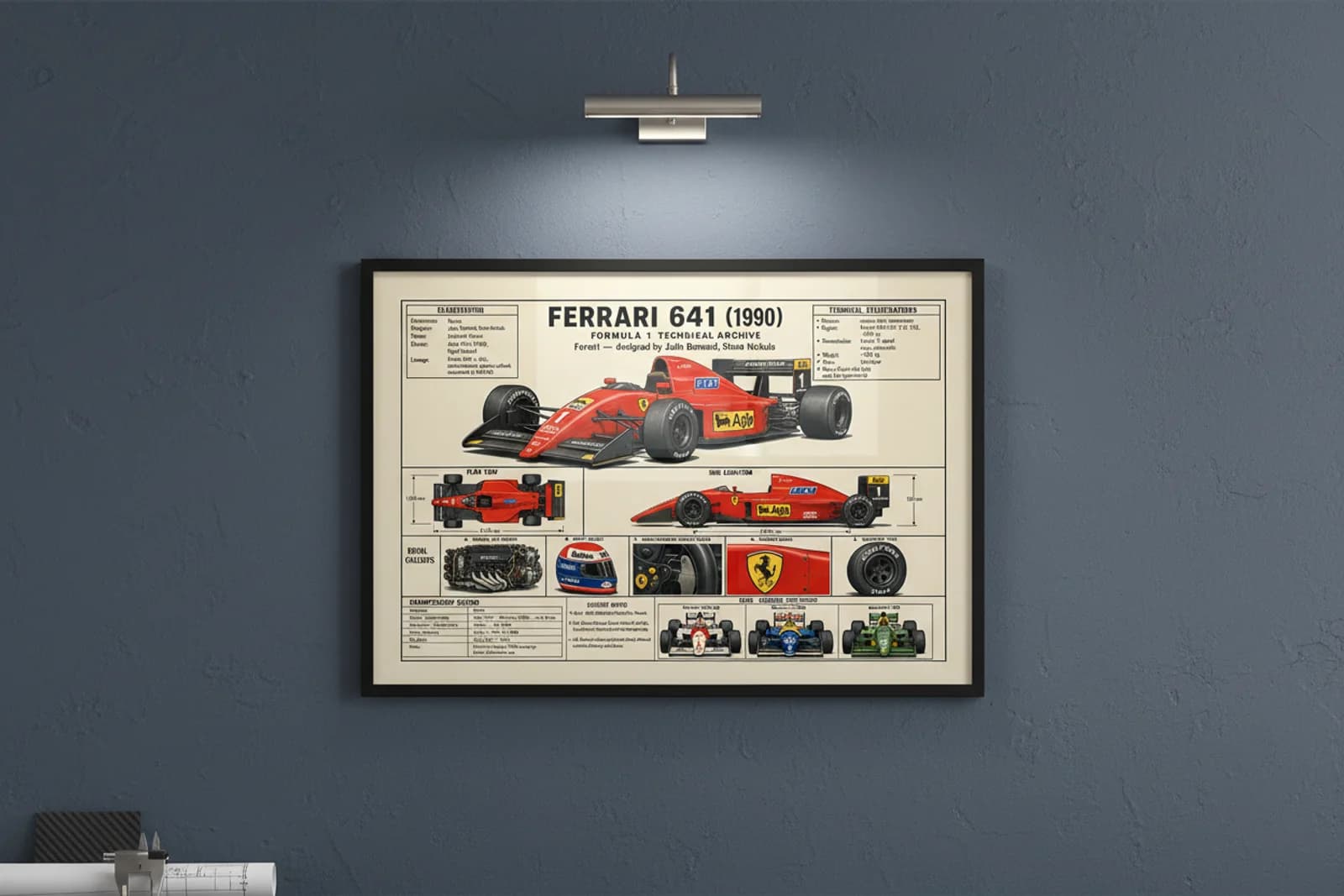 641 F1 Technical Archive print in black A2 frame on rosso-corsa blueprint-indigo wall — engineering studio mockup