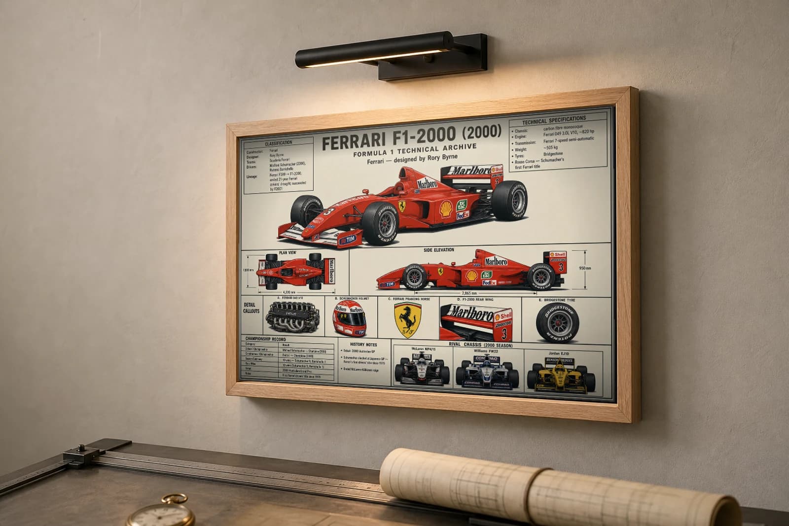 FERRARI F1-2000 Poster — 2000 F1 Technical Archive Blueprint Wall Art · framed A2 — the framed print shown at a three-quarter angle on a styled gallery wall in a natural-oak frame