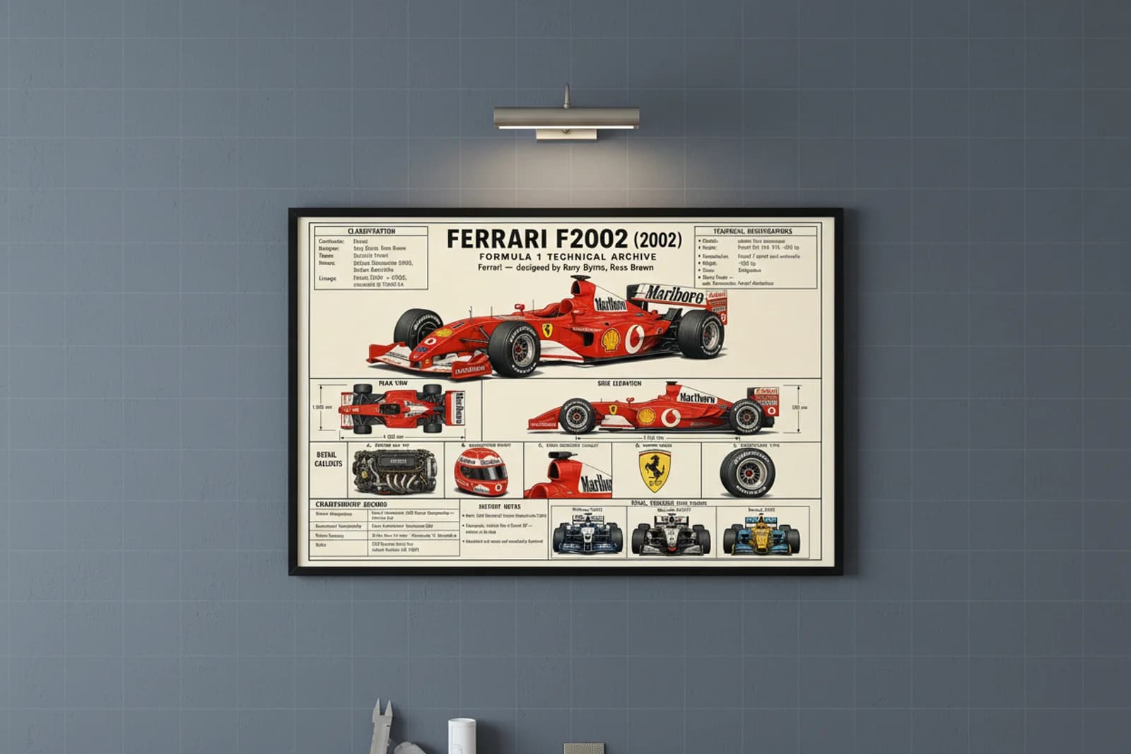 F2002 F1 Technical Archive print in black A2 frame on rosso-corsa blueprint-indigo wall — engineering studio mockup
