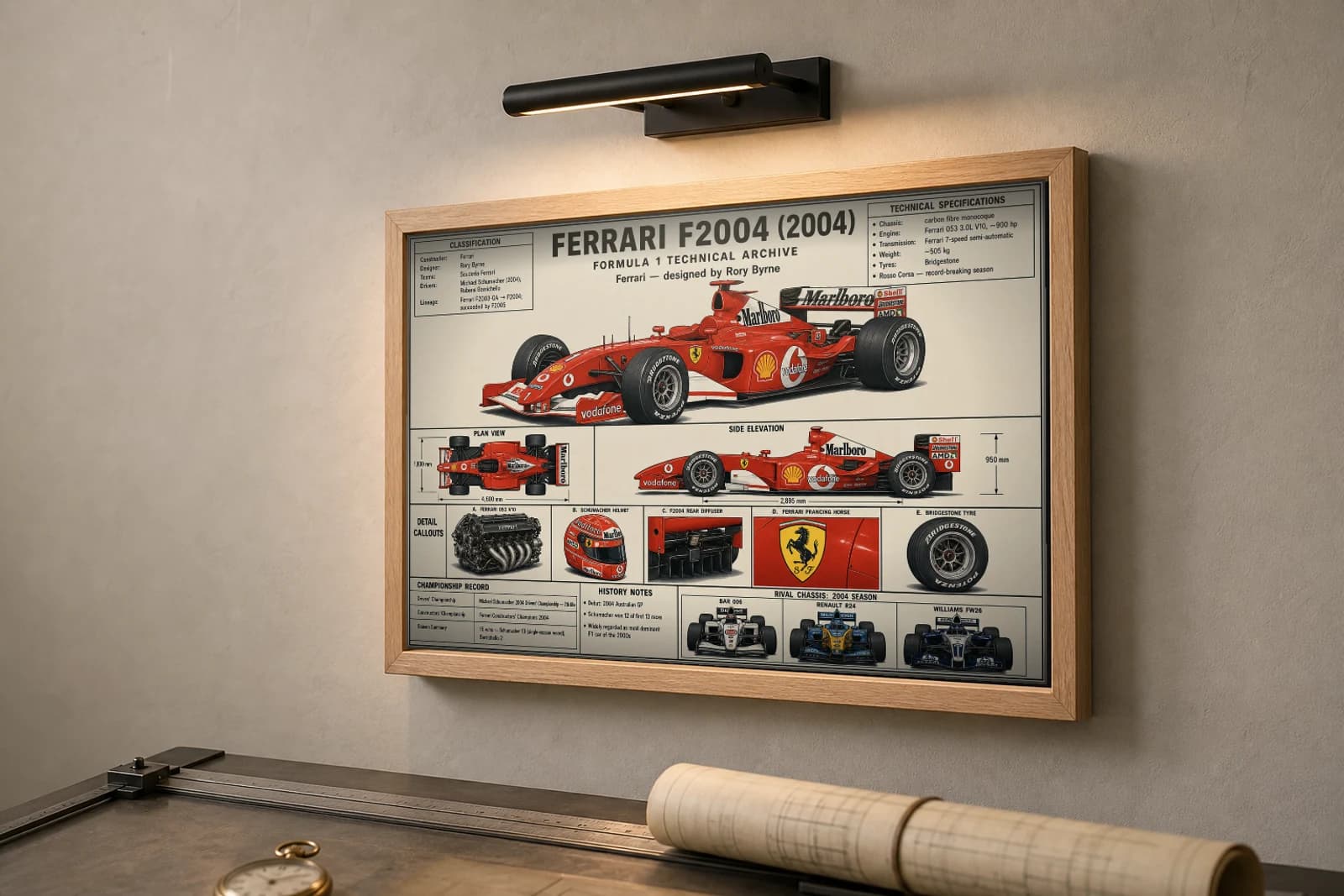 FERRARI F2004 Poster — 2004 F1 Technical Archive Blueprint Wall Art · framed A2 — the framed print shown at a three-quarter angle on a styled gallery wall in a natural-oak frame