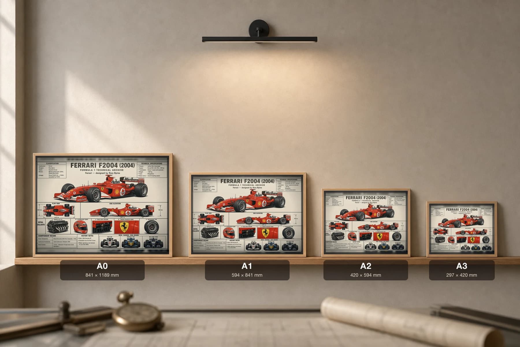 FERRARI F2004 Poster — 2004 F1 Technical Archive Blueprint Wall Art · framed A2 — print size guide showing the artwork at A0, A1, A2 and A3 in natural-oak frames at true relative scale