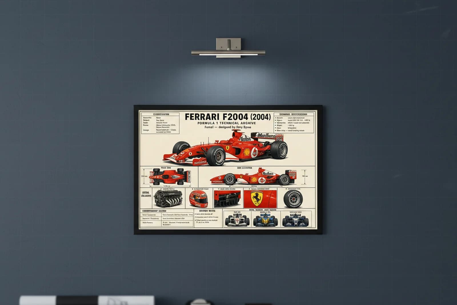 F2004 F1 Technical Archive print in black A2 frame on rosso-corsa blueprint-indigo wall — engineering studio mockup