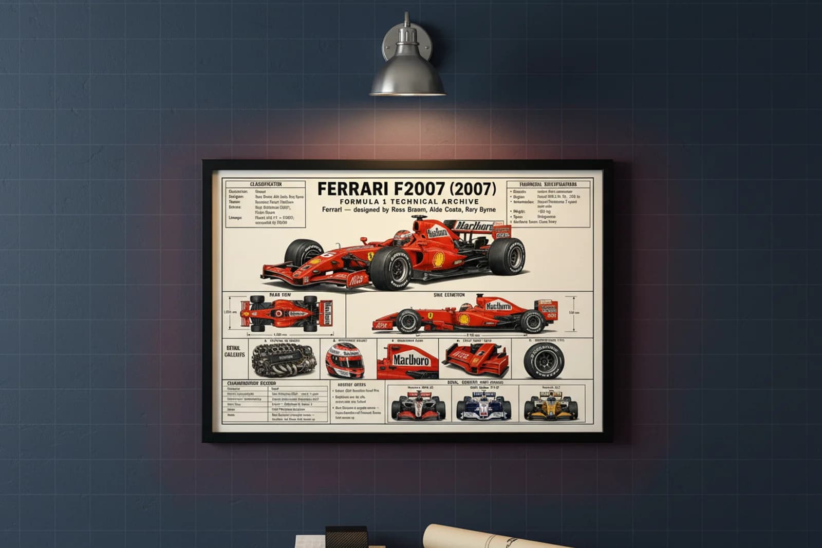 F2007 F1 Technical Archive print in black A2 frame on rosso-corsa blueprint-indigo wall — engineering studio mockup