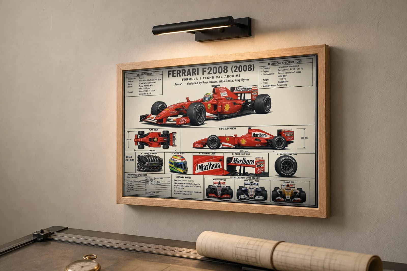 FERRARI F2008 Poster — 2008 F1 Technical Archive Blueprint Wall Art · framed A2 — the framed print shown at a three-quarter angle on a styled gallery wall in a natural-oak frame