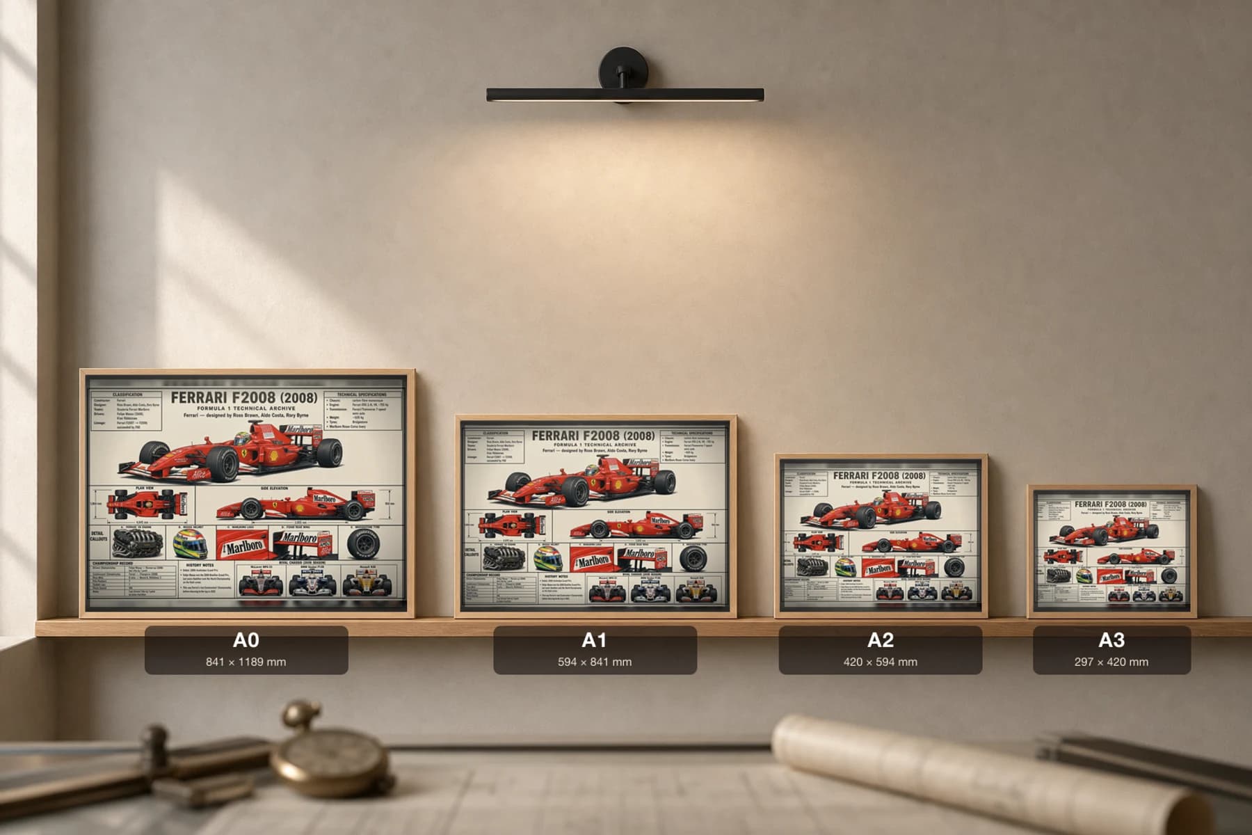 FERRARI F2008 Poster — 2008 F1 Technical Archive Blueprint Wall Art · framed A2 — print size guide showing the artwork at A0, A1, A2 and A3 in natural-oak frames at true relative scale