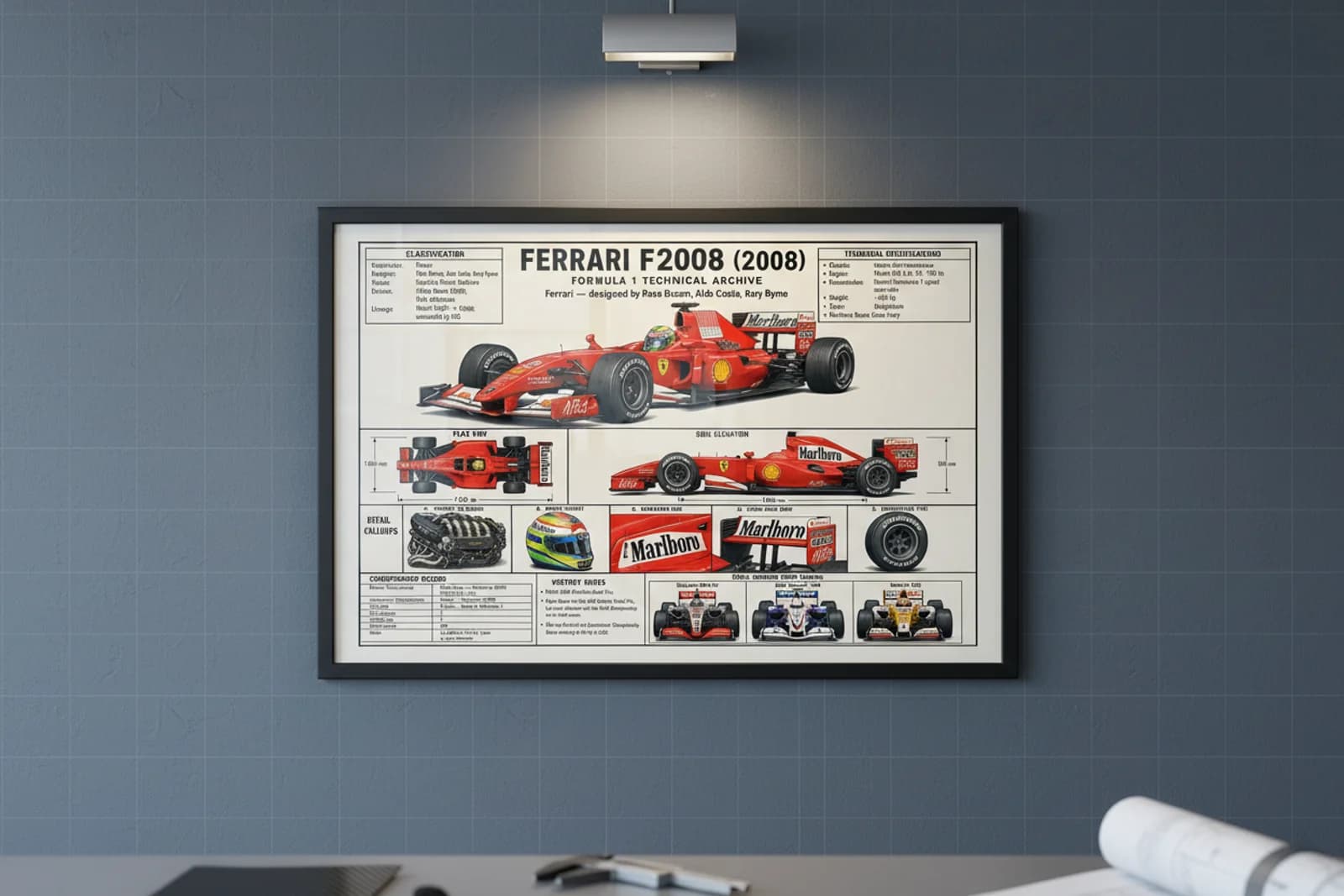 F2008 F1 Technical Archive print in black A2 frame on rosso-corsa blueprint-indigo wall — engineering studio mockup