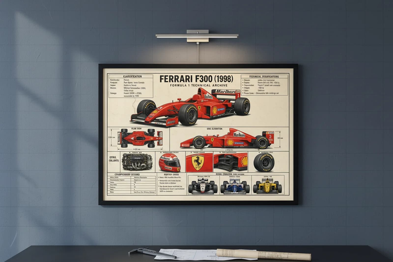 F300 F1 Technical Archive print in black A2 frame on rosso-corsa blueprint-indigo wall — engineering studio mockup