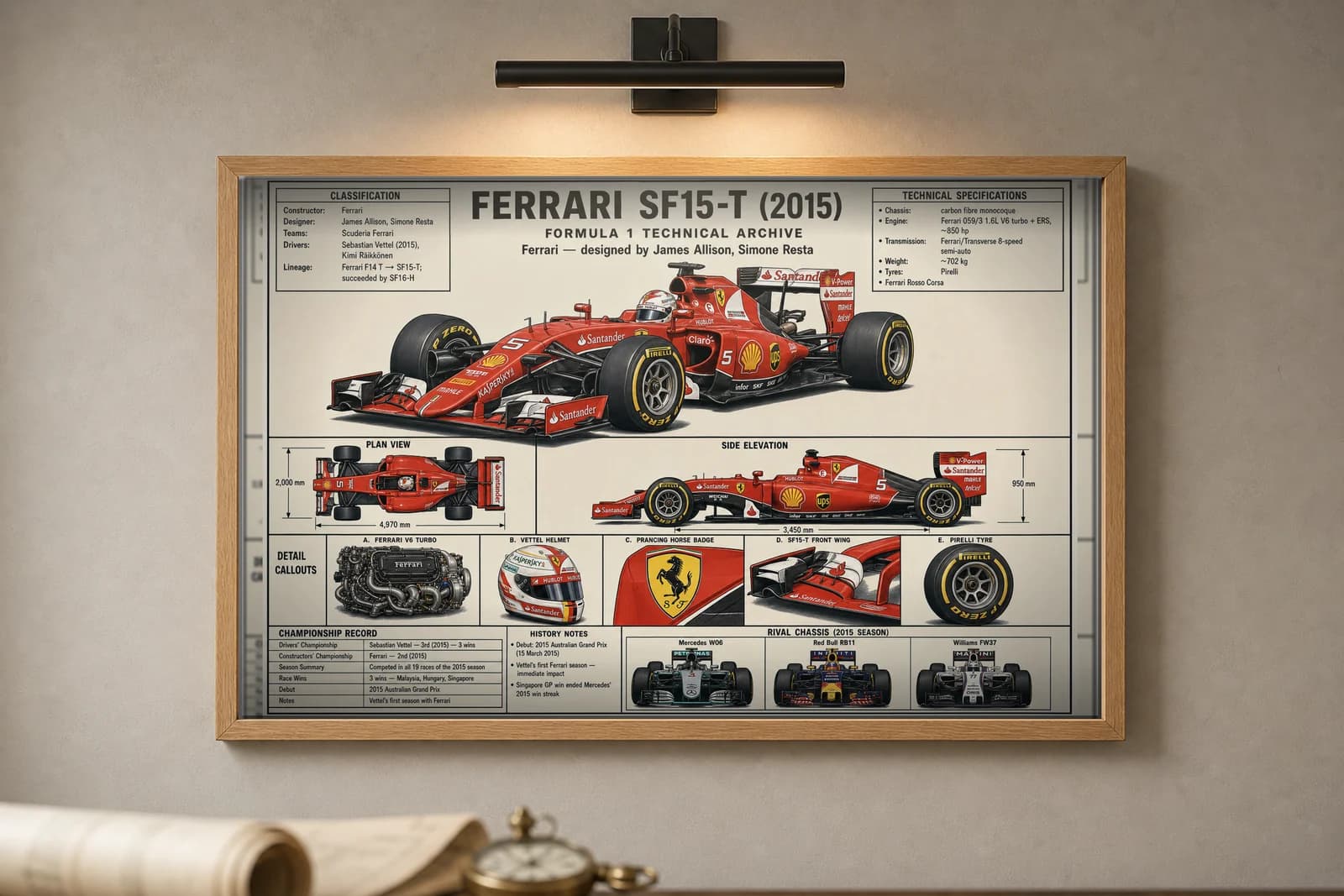 SF15-T F1 Technical Archive print in black A2 frame on rosso-corsa blueprint-indigo wall — engineering studio mockup