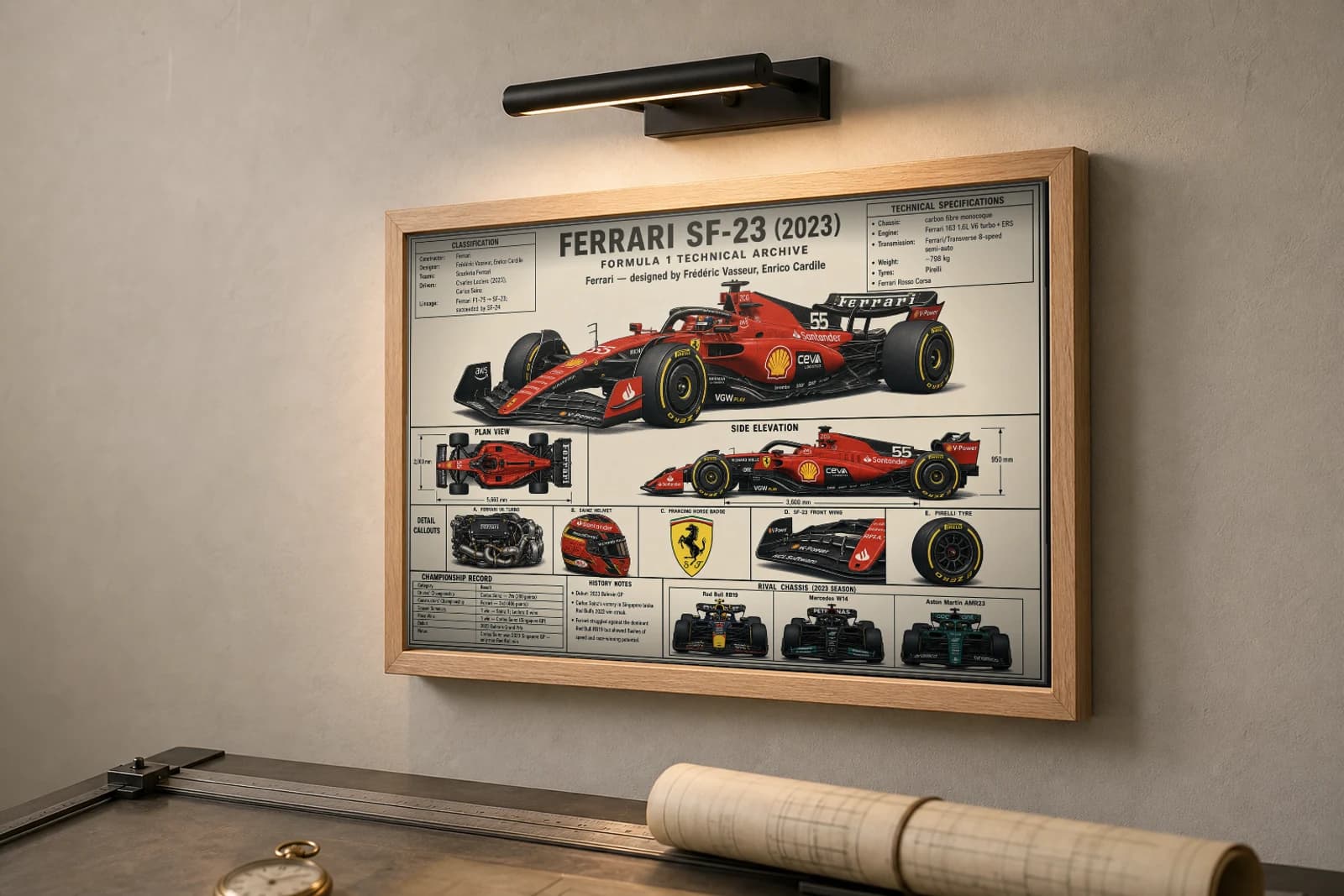 FERRARI SF-23 Poster — 2023 F1 Technical Archive Blueprint Wall Art · framed A2 — the framed print shown at a three-quarter angle on a styled gallery wall in a natural-oak frame