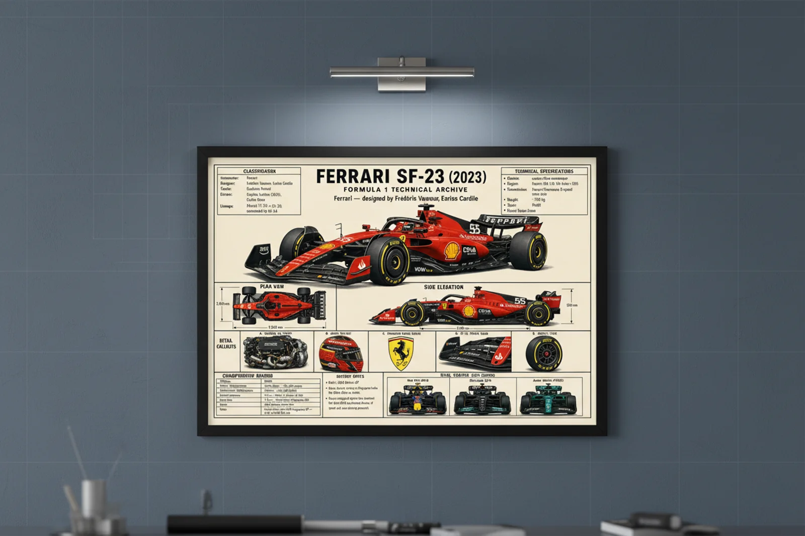 SF-23 F1 Technical Archive print in black A2 frame on rosso-corsa blueprint-indigo wall — engineering studio mockup