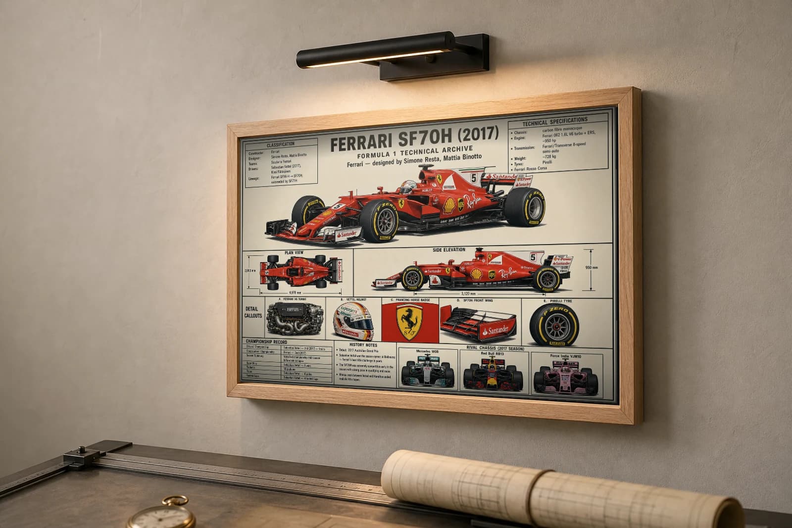 FERRARI SF70H Poster — 2017 F1 Technical Archive Blueprint Wall Art · framed A2 — the framed print shown at a three-quarter angle on a styled gallery wall in a natural-oak frame