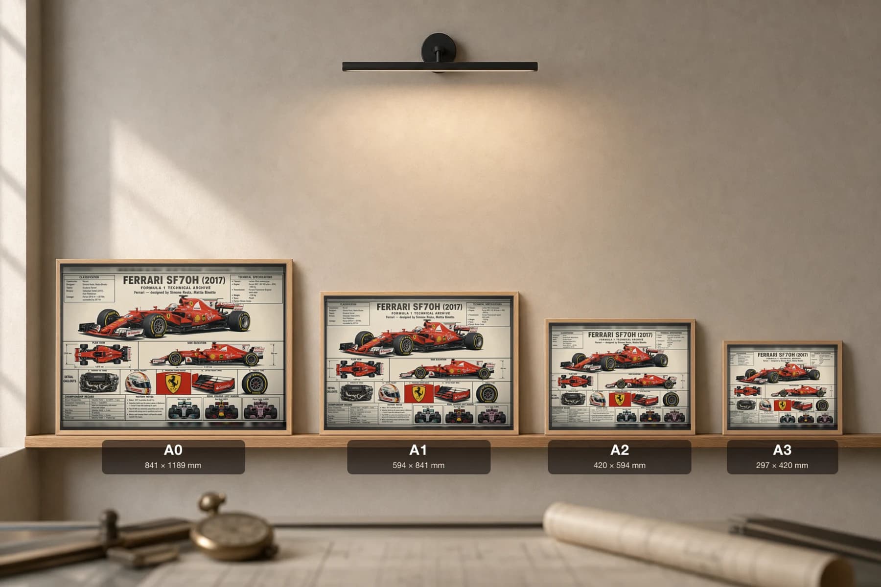 FERRARI SF70H Poster — 2017 F1 Technical Archive Blueprint Wall Art · framed A2 — print size guide showing the artwork at A0, A1, A2 and A3 in natural-oak frames at true relative scale