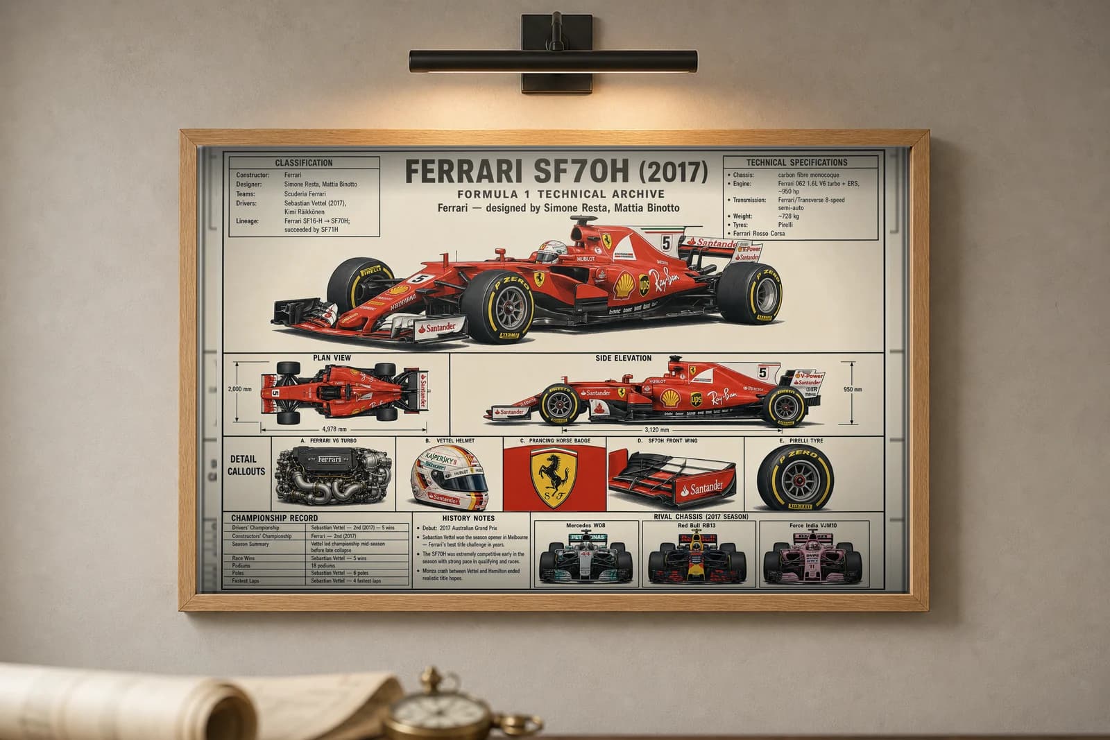 SF70H F1 Technical Archive print in black A2 frame on rosso-corsa blueprint-indigo wall — engineering studio mockup