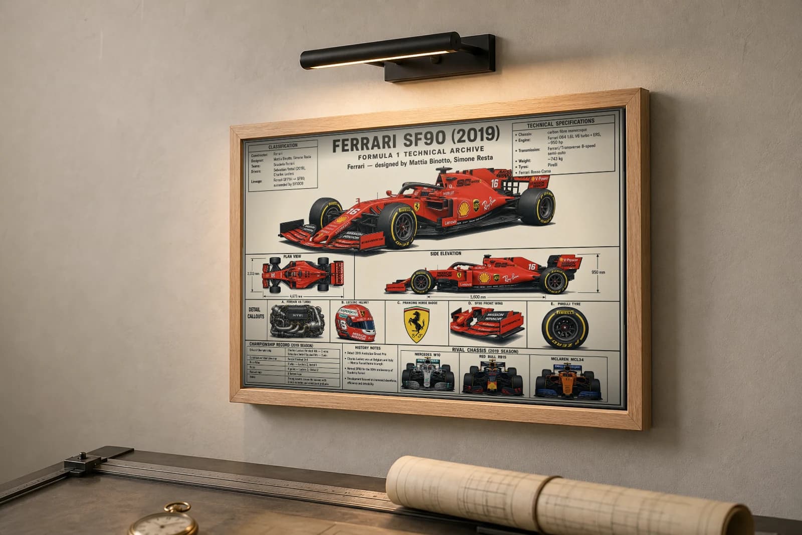 FERRARI SF90 Poster — 2019 F1 Technical Archive Blueprint Wall Art · framed A2 — the framed print shown at a three-quarter angle on a styled gallery wall in a natural-oak frame