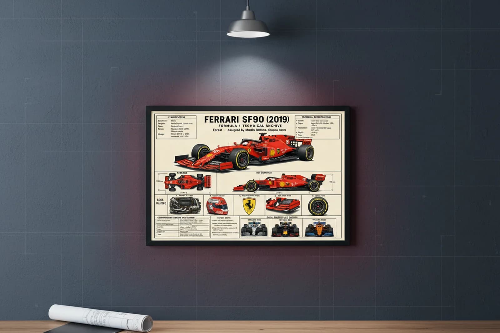 SF90 F1 Technical Archive print in black A2 frame on rosso-corsa blueprint-indigo wall — engineering studio mockup