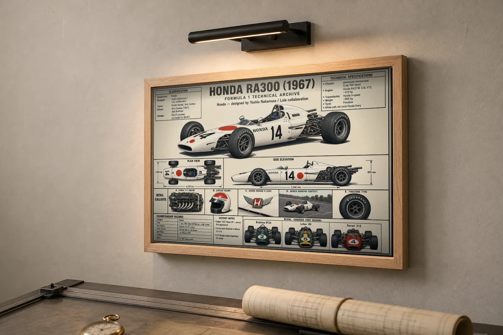 HONDA RA300 Poster — 1967 F1 Technical Archive Blueprint Wall Art · framed A2 — the framed print shown at a three-quarter angle on a styled gallery wall in a natural-oak frame