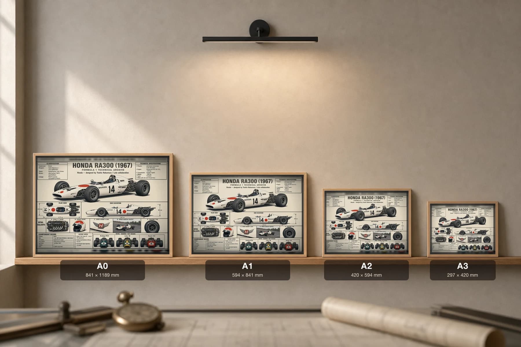 HONDA RA300 Poster — 1967 F1 Technical Archive Blueprint Wall Art · framed A2 — print size guide showing the artwork at A0, A1, A2 and A3 in natural-oak frames at true relative scale