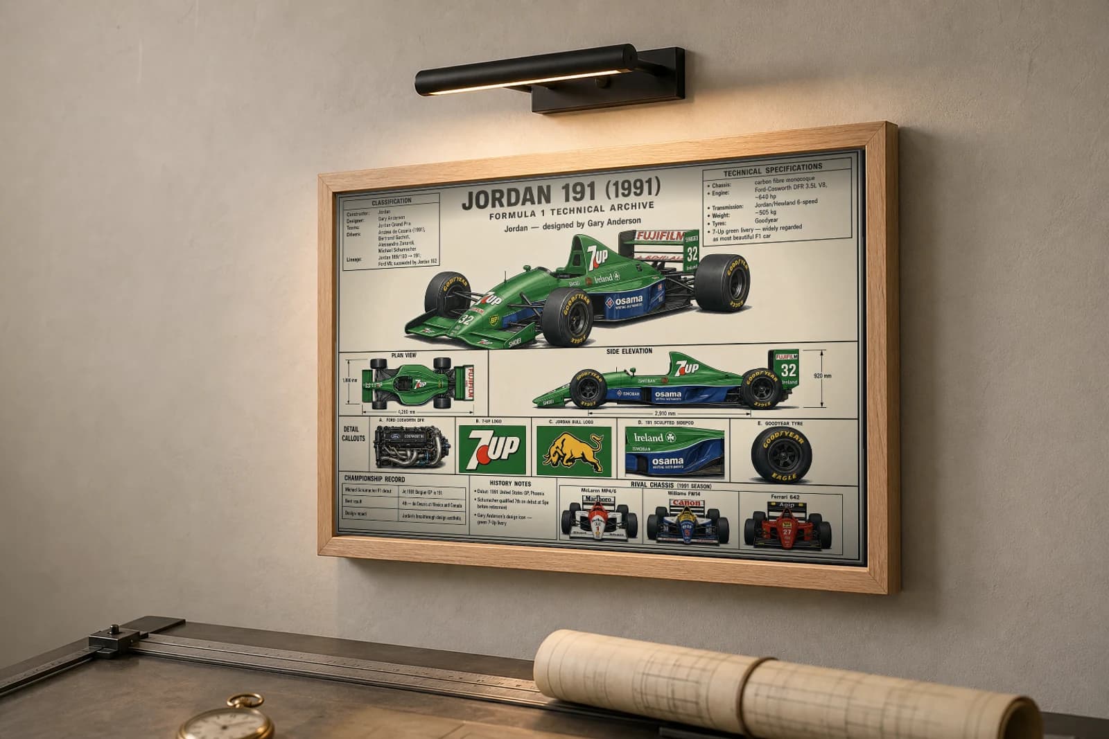 JORDAN 191 Poster — 1991 F1 Technical Archive Blueprint Wall Art · framed A2 — the framed print shown at a three-quarter angle on a styled gallery wall in a natural-oak frame