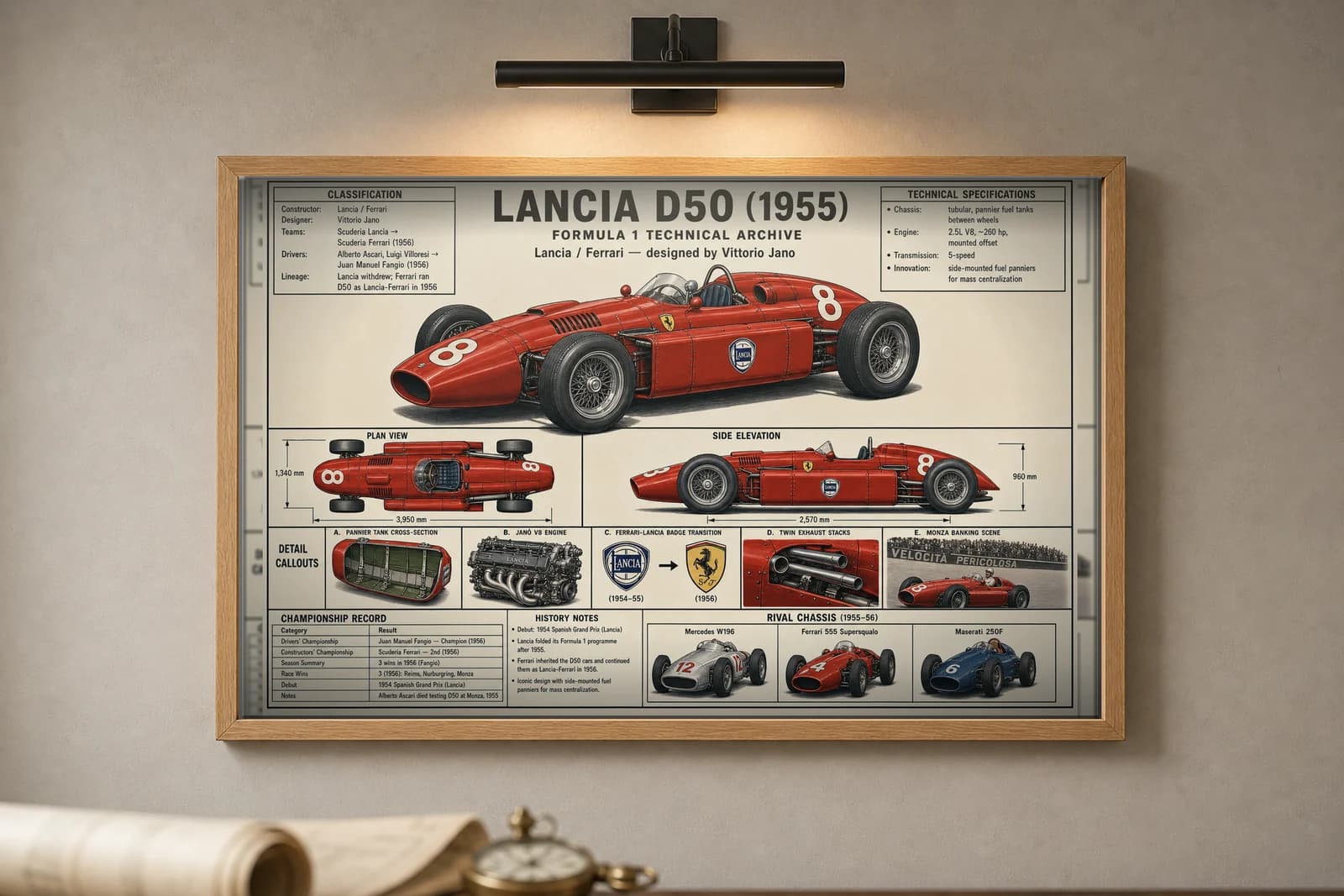 LANCIA D50 F1 Technical Archive print in black A2 frame on constructor-accent blueprint-indigo wall — engineering studio mockup