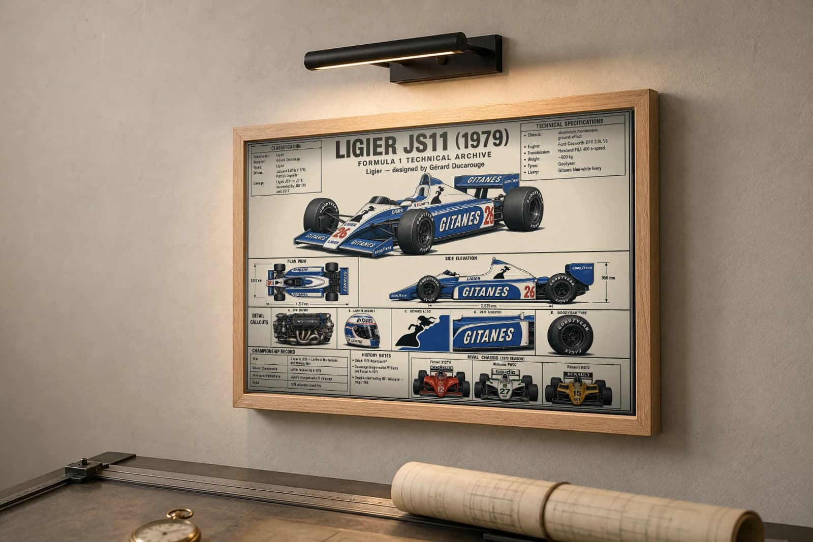LIGIER JS11 Poster — 1979 F1 Technical Archive Blueprint Wall Art · framed A2 — the framed print shown at a three-quarter angle on a styled gallery wall in a natural-oak frame