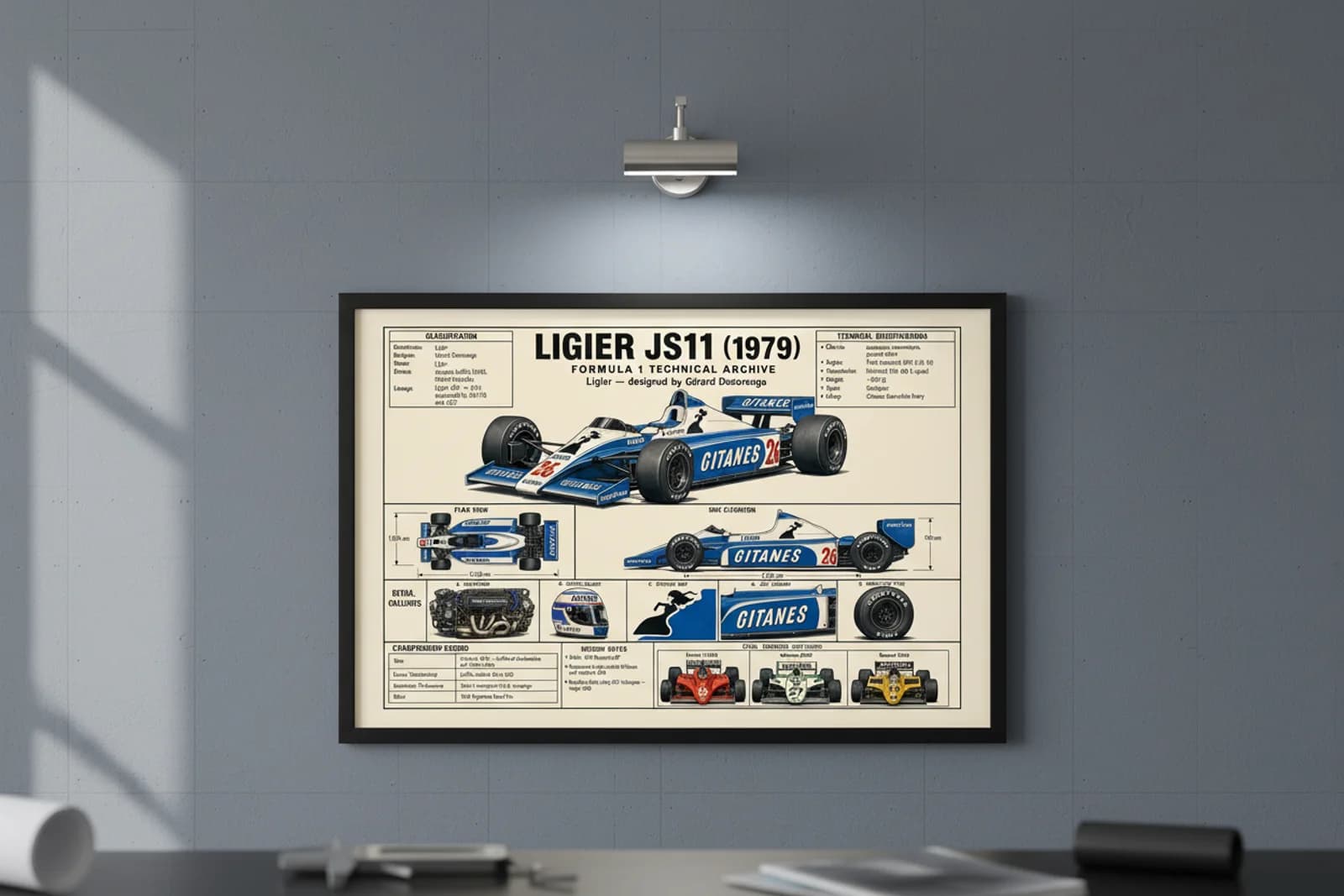 JS11 F1 Technical Archive print in black A2 frame on ligier-blue blueprint-indigo wall — engineering studio mockup