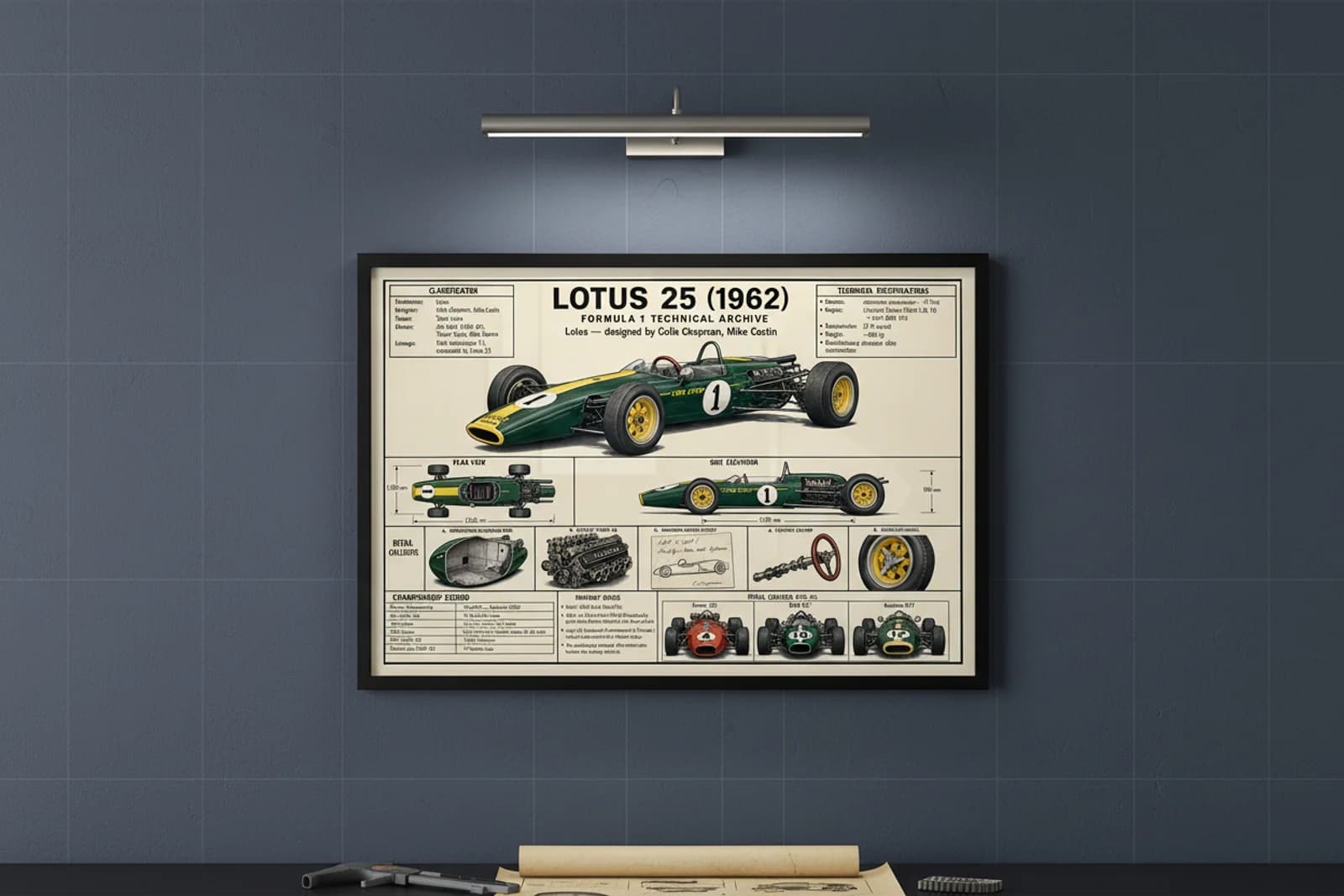 25 F1 Technical Archive print in black A2 frame on lotus-green-gold blueprint-indigo wall — engineering studio mockup