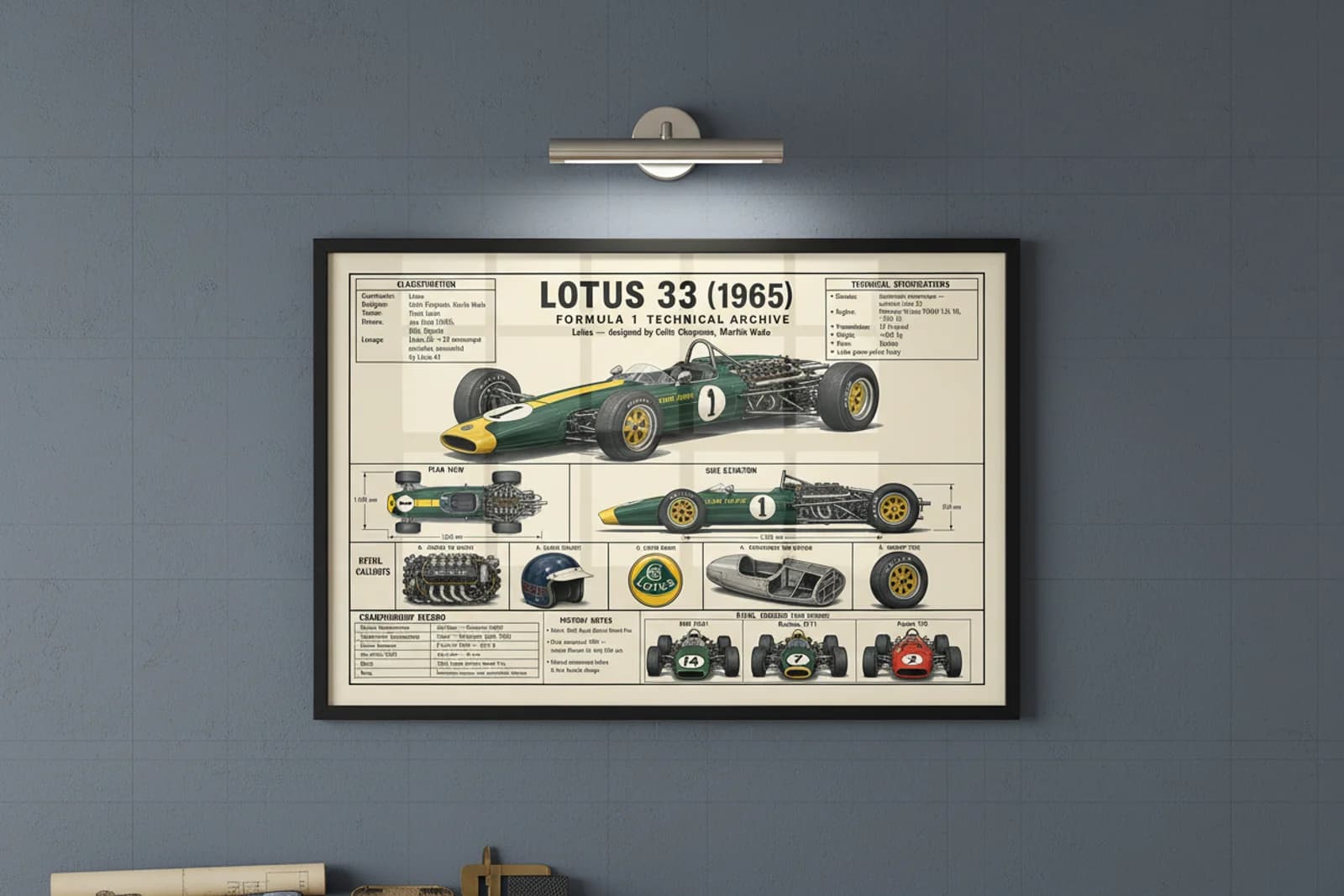 33 F1 Technical Archive print in black A2 frame on lotus-green-gold blueprint-indigo wall — engineering studio mockup