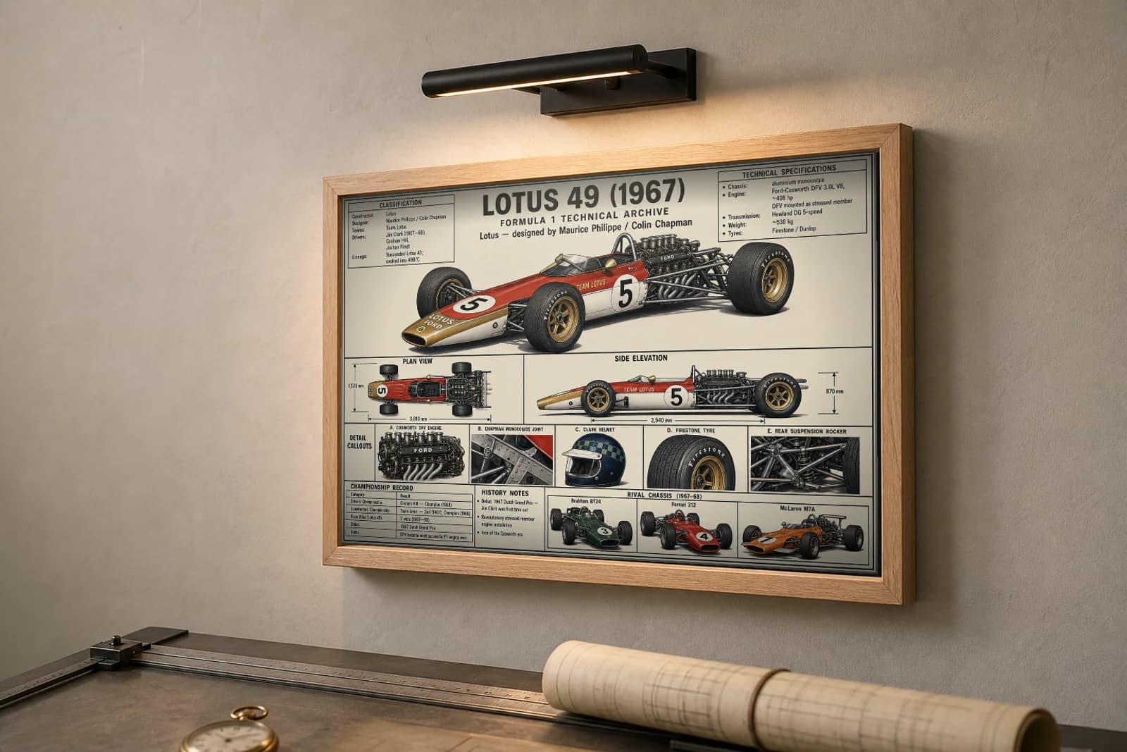 LOTUS 49 Poster — 1967 F1 Technical Archive Blueprint Wall Art · framed A2 — the framed print shown at a three-quarter angle on a styled gallery wall in a natural-oak frame