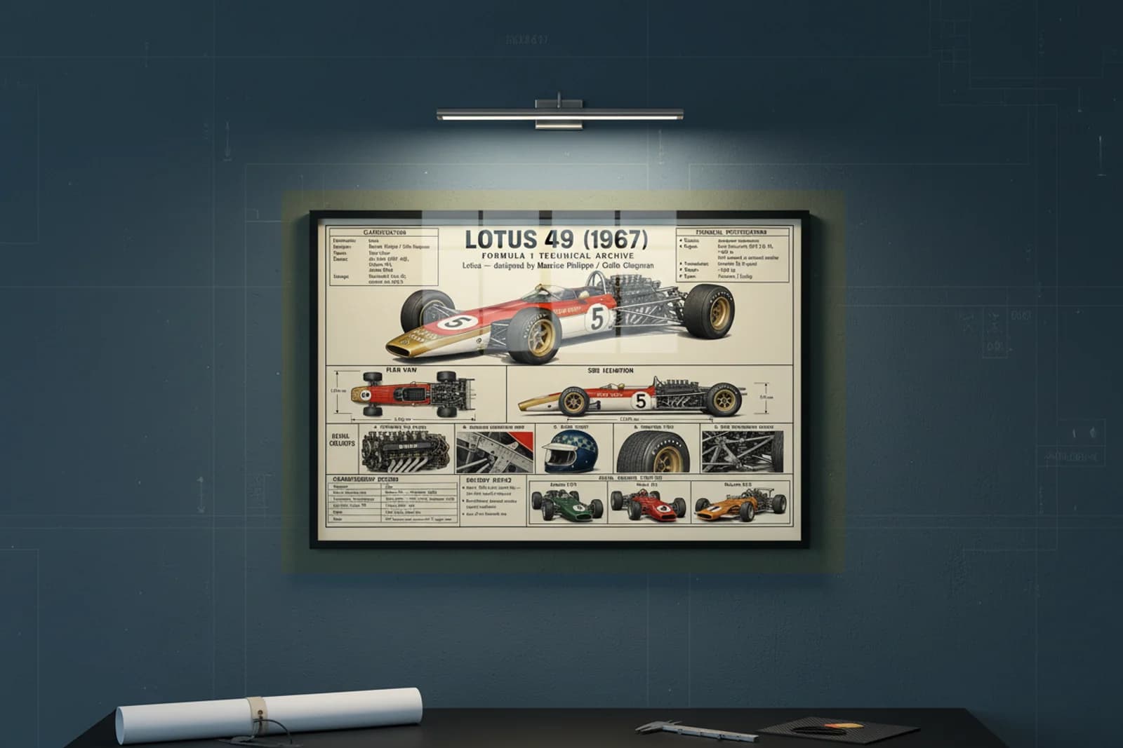 49 F1 Technical Archive print in black A2 frame on lotus-green-gold blueprint-indigo wall — engineering studio mockup