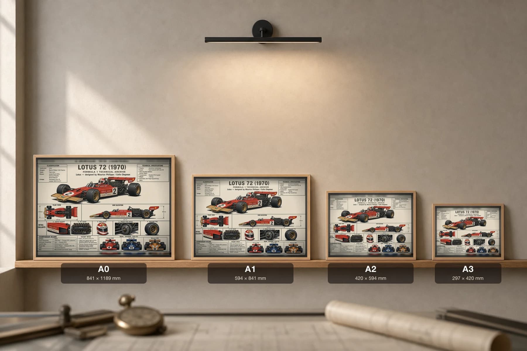 LOTUS 72 Poster — 1970 F1 Technical Archive Blueprint Wall Art · framed A2 — print size guide showing the artwork at A0, A1, A2 and A3 in natural-oak frames at true relative scale