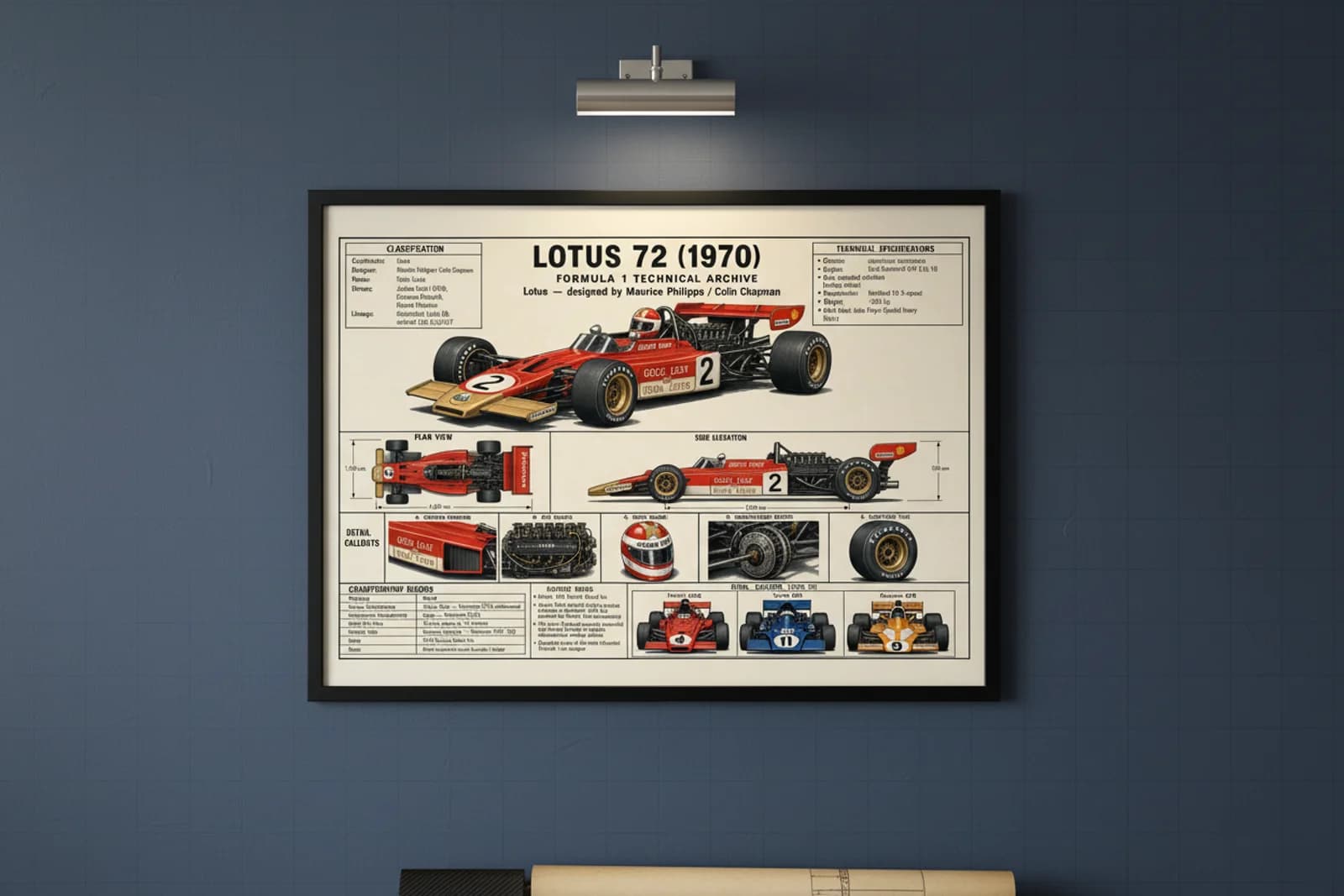 72 F1 Technical Archive print in black A2 frame on lotus-green-gold blueprint-indigo wall — engineering studio mockup