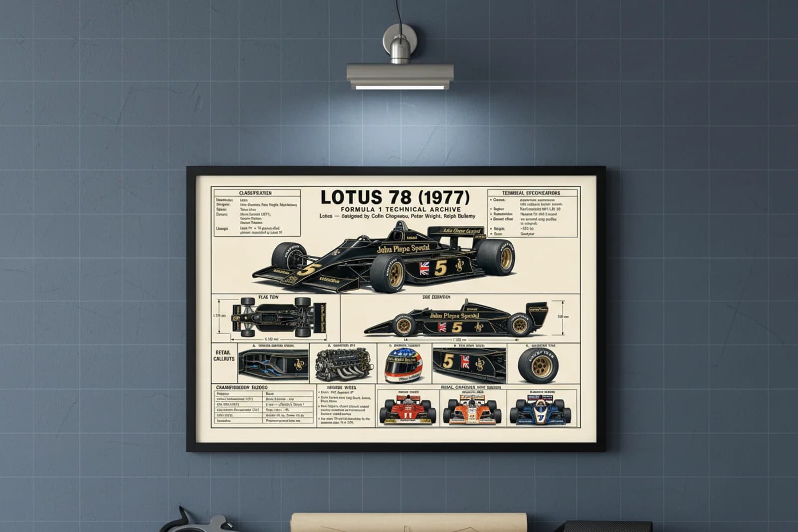 78 F1 Technical Archive print in black A2 frame on lotus-green-gold blueprint-indigo wall — engineering studio mockup