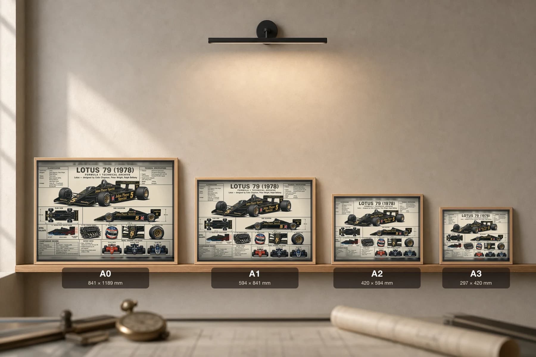LOTUS 79 Poster — 1978 F1 Technical Archive Blueprint Wall Art · framed A2 — print size guide showing the artwork at A0, A1, A2 and A3 in natural-oak frames at true relative scale