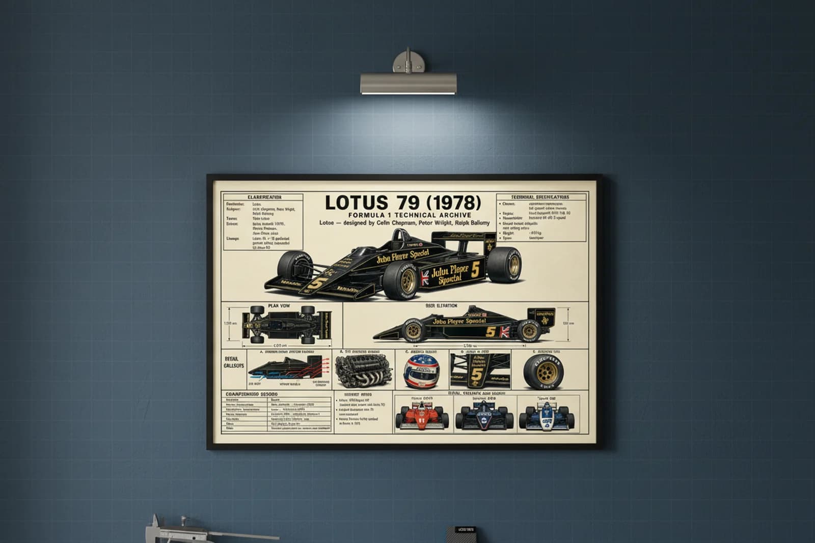 79 F1 Technical Archive print in black A2 frame on lotus-green-gold blueprint-indigo wall — engineering studio mockup