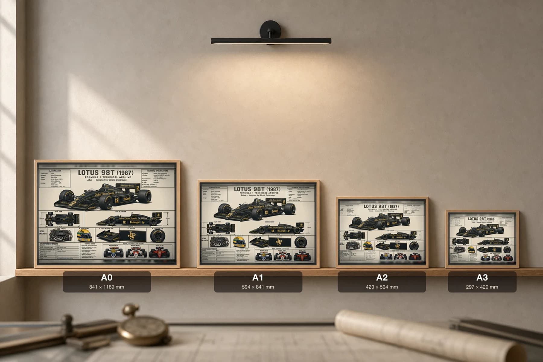 LOTUS 98T Poster — 1987 F1 Technical Archive Blueprint Wall Art · framed A2 — print size guide showing the artwork at A0, A1, A2 and A3 in natural-oak frames at true relative scale