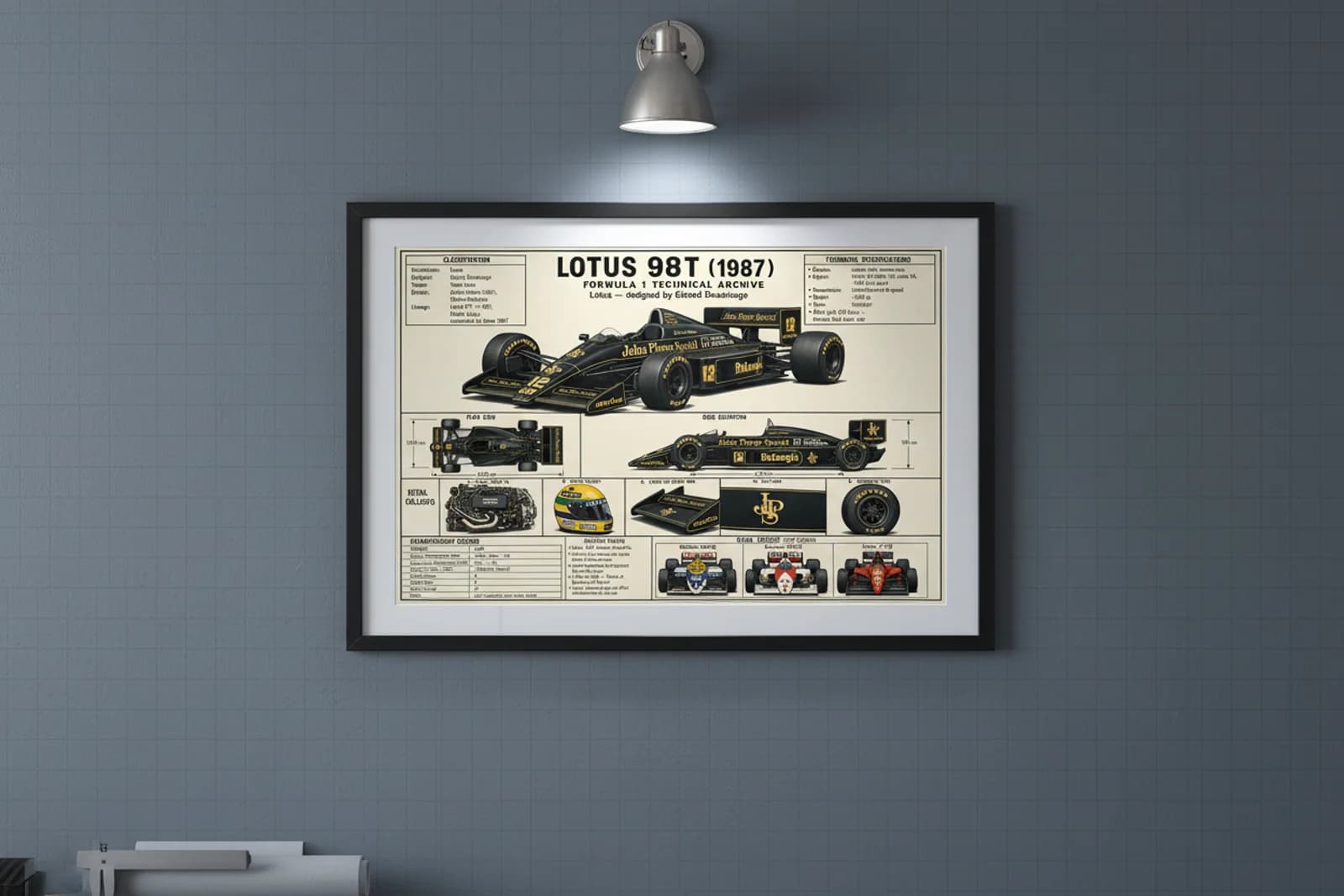 98T F1 Technical Archive print in black A2 frame on lotus-green-gold blueprint-indigo wall — engineering studio mockup