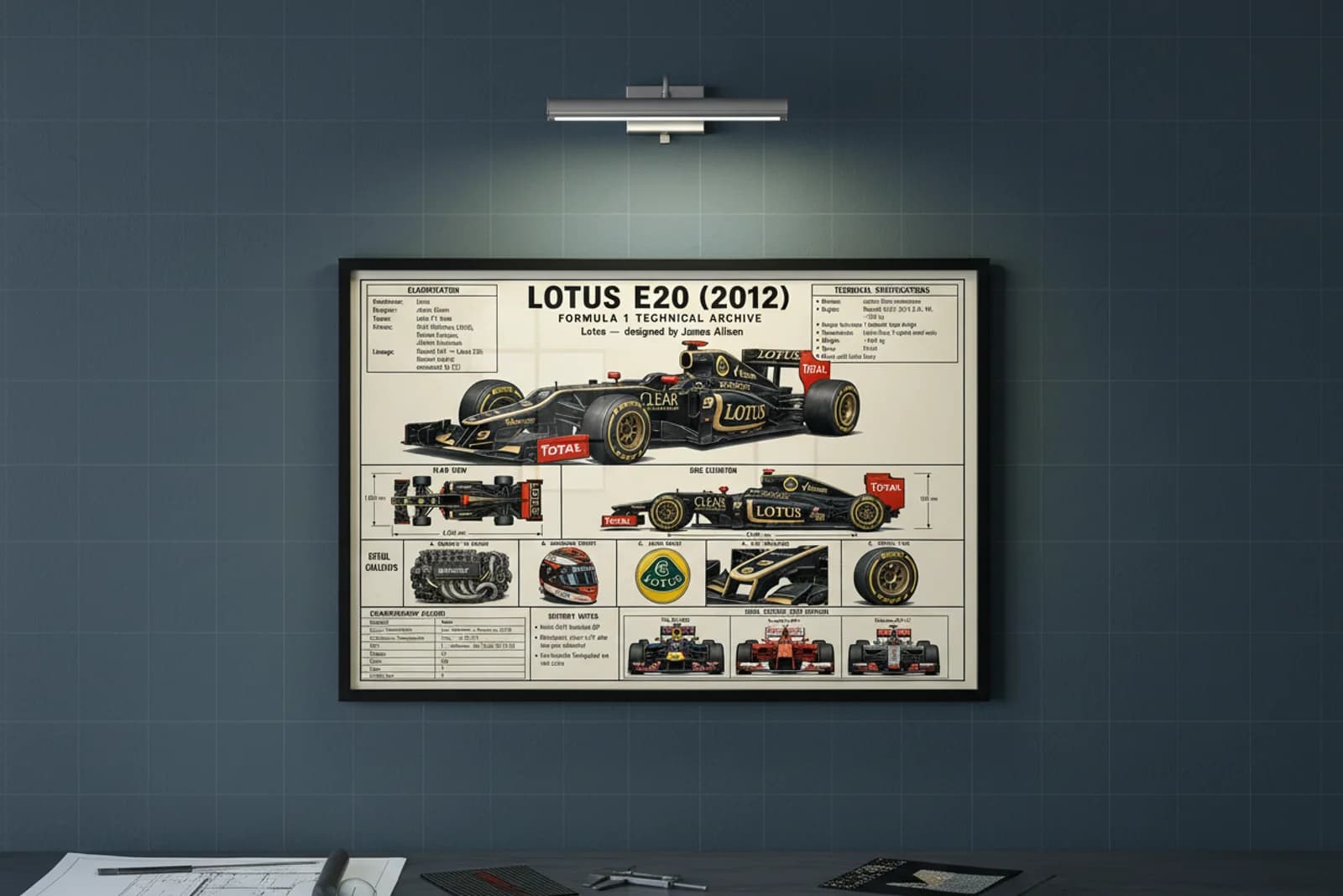 E20 F1 Technical Archive print in black A2 frame on lotus-green-gold blueprint-indigo wall — engineering studio mockup
