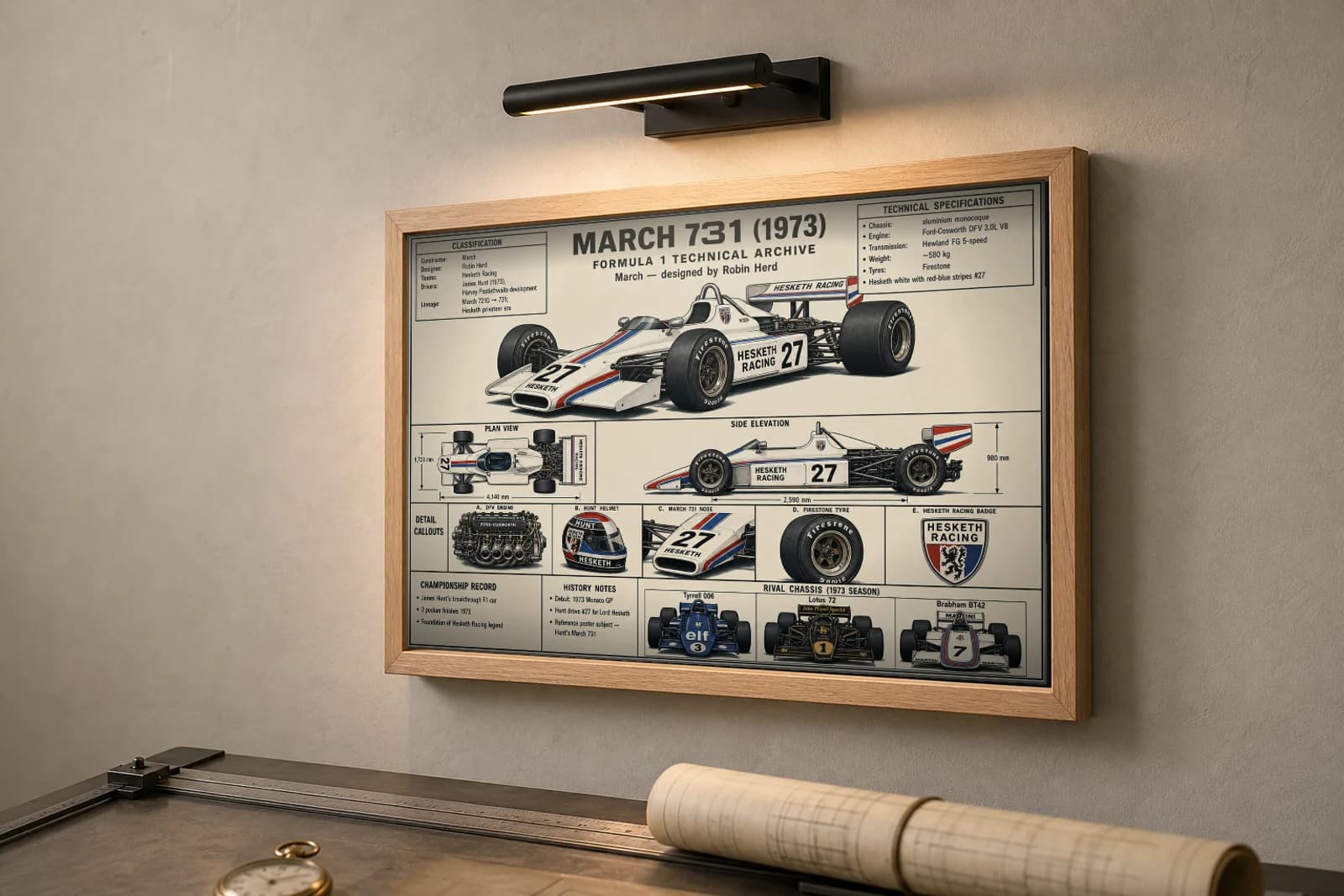 MARCH 731 Poster — 1973 F1 Technical Archive Blueprint Wall Art · framed A2 — the framed print shown at a three-quarter angle on a styled gallery wall in a natural-oak frame