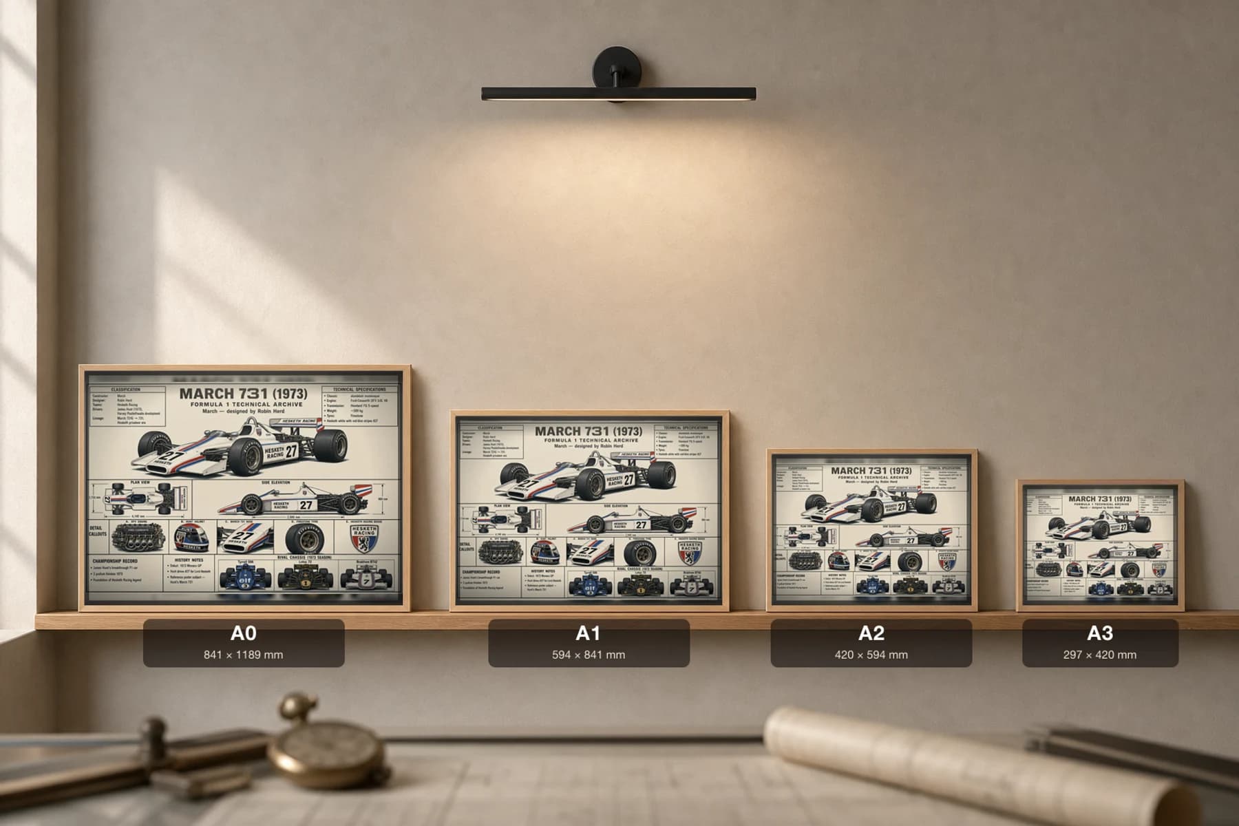 MARCH 731 Poster — 1973 F1 Technical Archive Blueprint Wall Art · framed A2 — print size guide showing the artwork at A0, A1, A2 and A3 in natural-oak frames at true relative scale