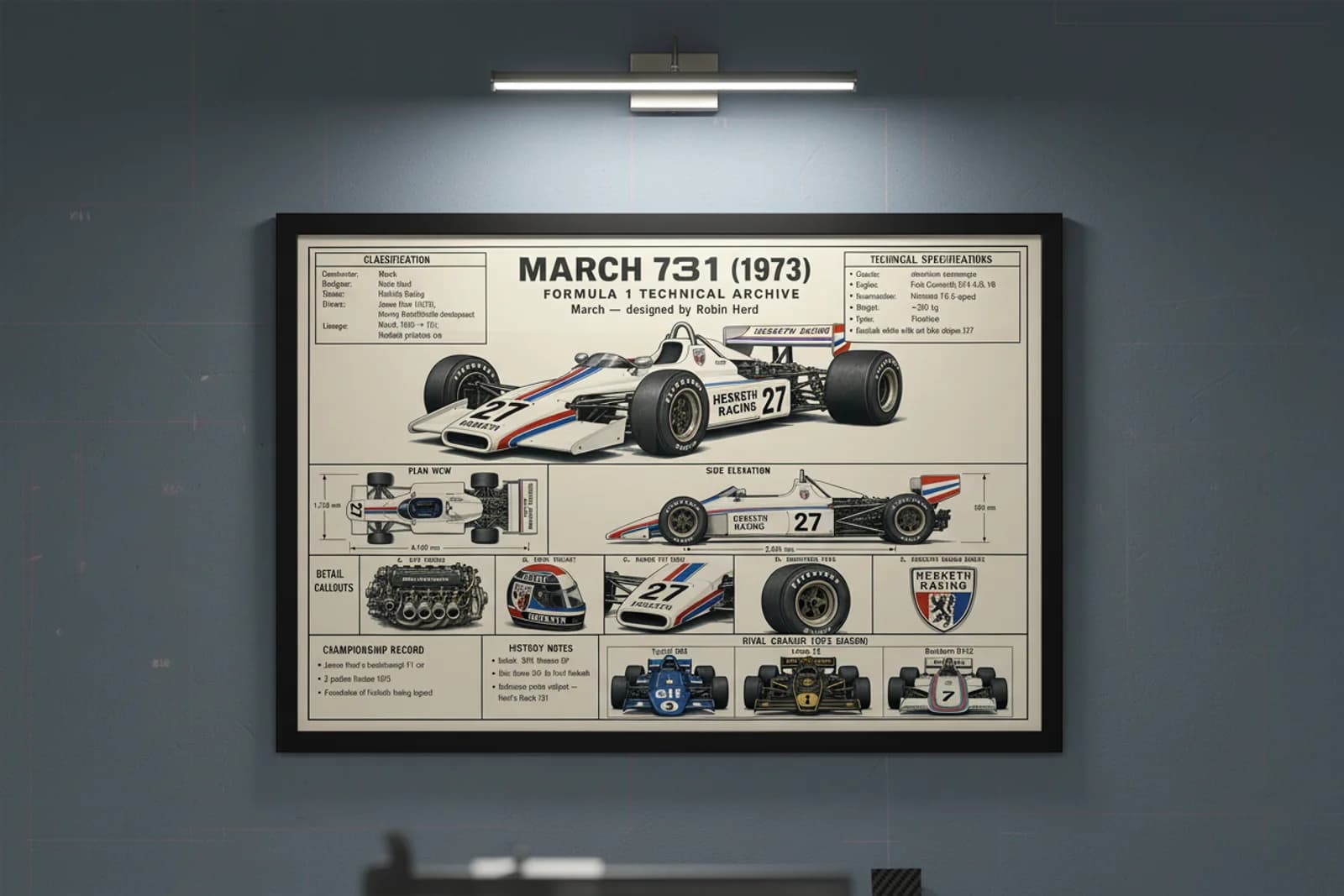 731 F1 Technical Archive print in black A2 frame on march-orange blueprint-indigo wall — engineering studio mockup